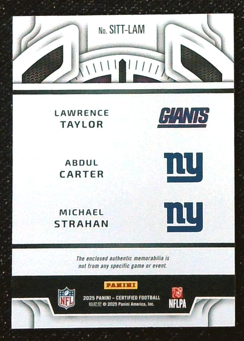2025 Certified Football Stitches In Time Taylor/Carter/Strahan Triple Patch /30