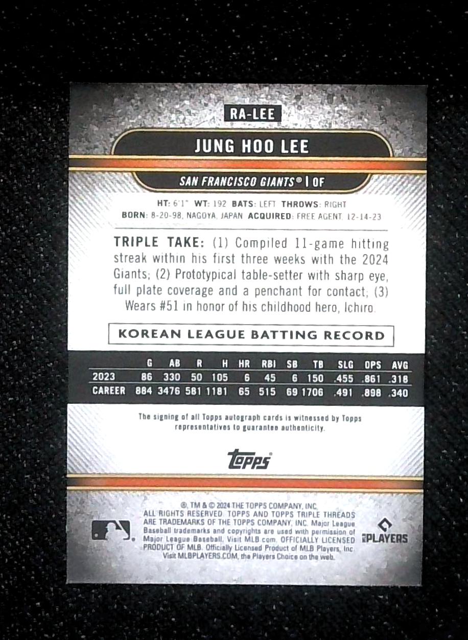 JUNG HOO LEE 2024 TOPPS TRIPLE THREADS ROOKIE AUTOGRAPH RC AUTO /199
