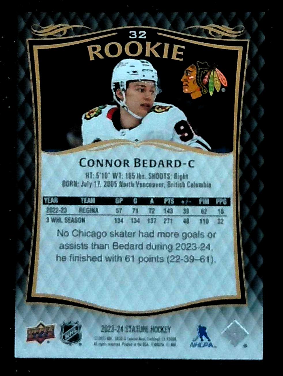2024-25 Upper Deck Stature - 2023-24 Base Rookies Connor Bedard #'d /999