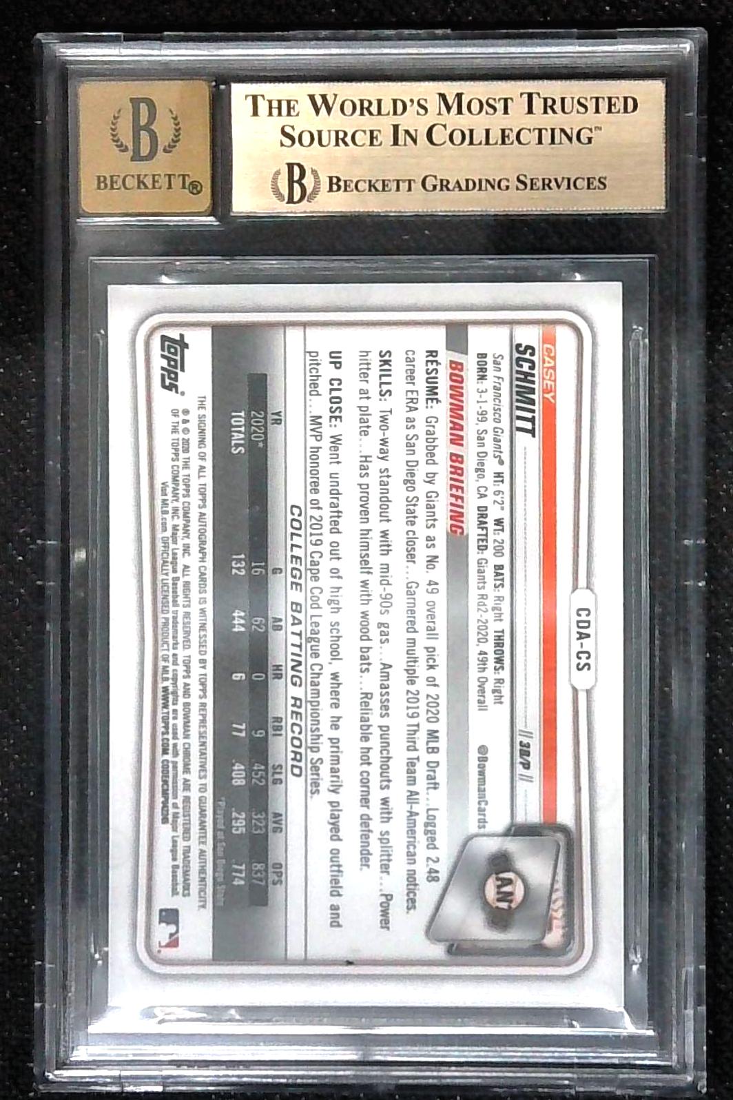 2020 Bowman Draft Casey Schmitt Chrome Auto Green Refractor #81/99 Giants BGS 9.5