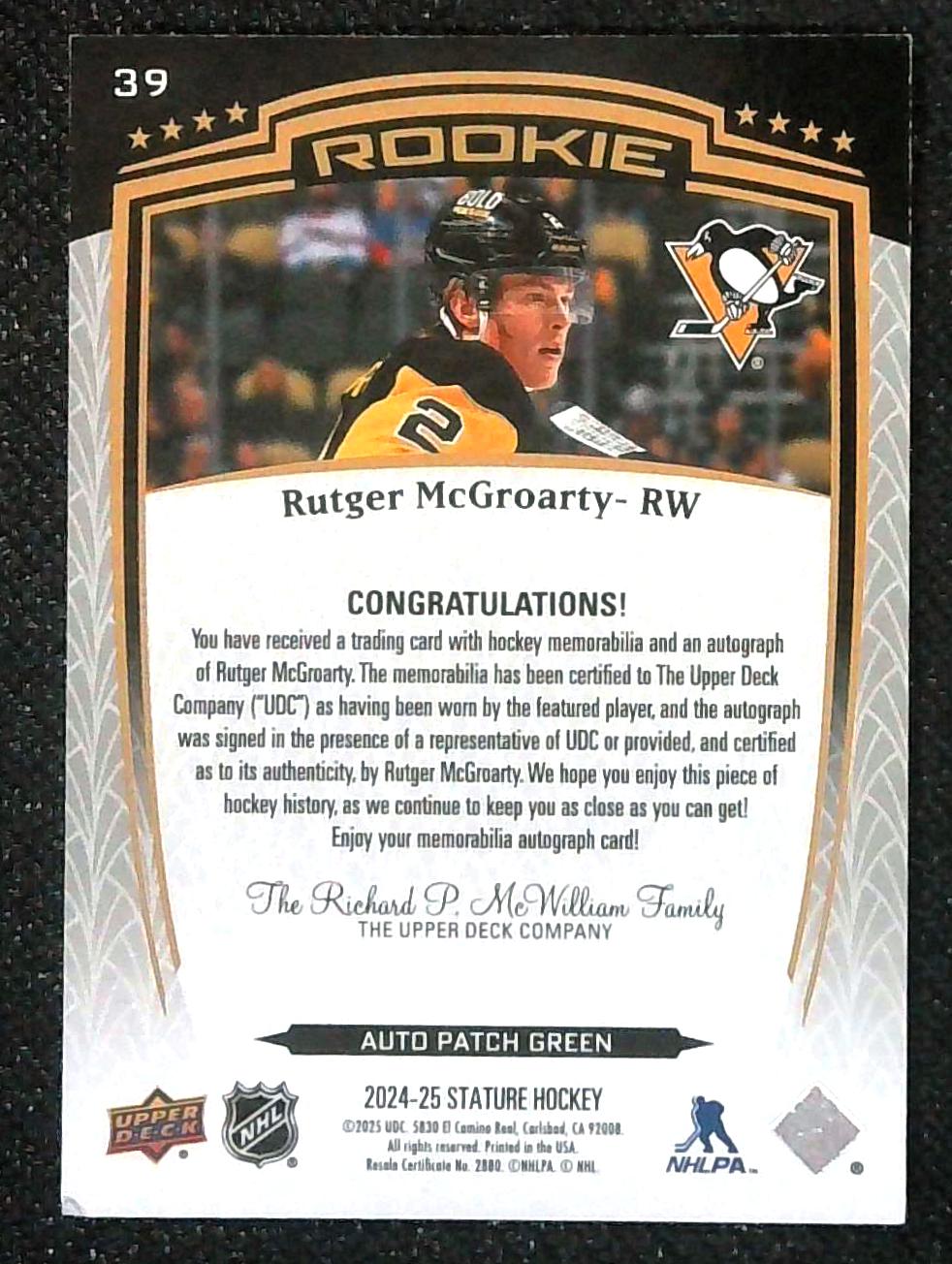 24/25 UD STATURE RUTGER MCGROARTY GREEN RC ROOKIE PATCH AUTO /35 #39