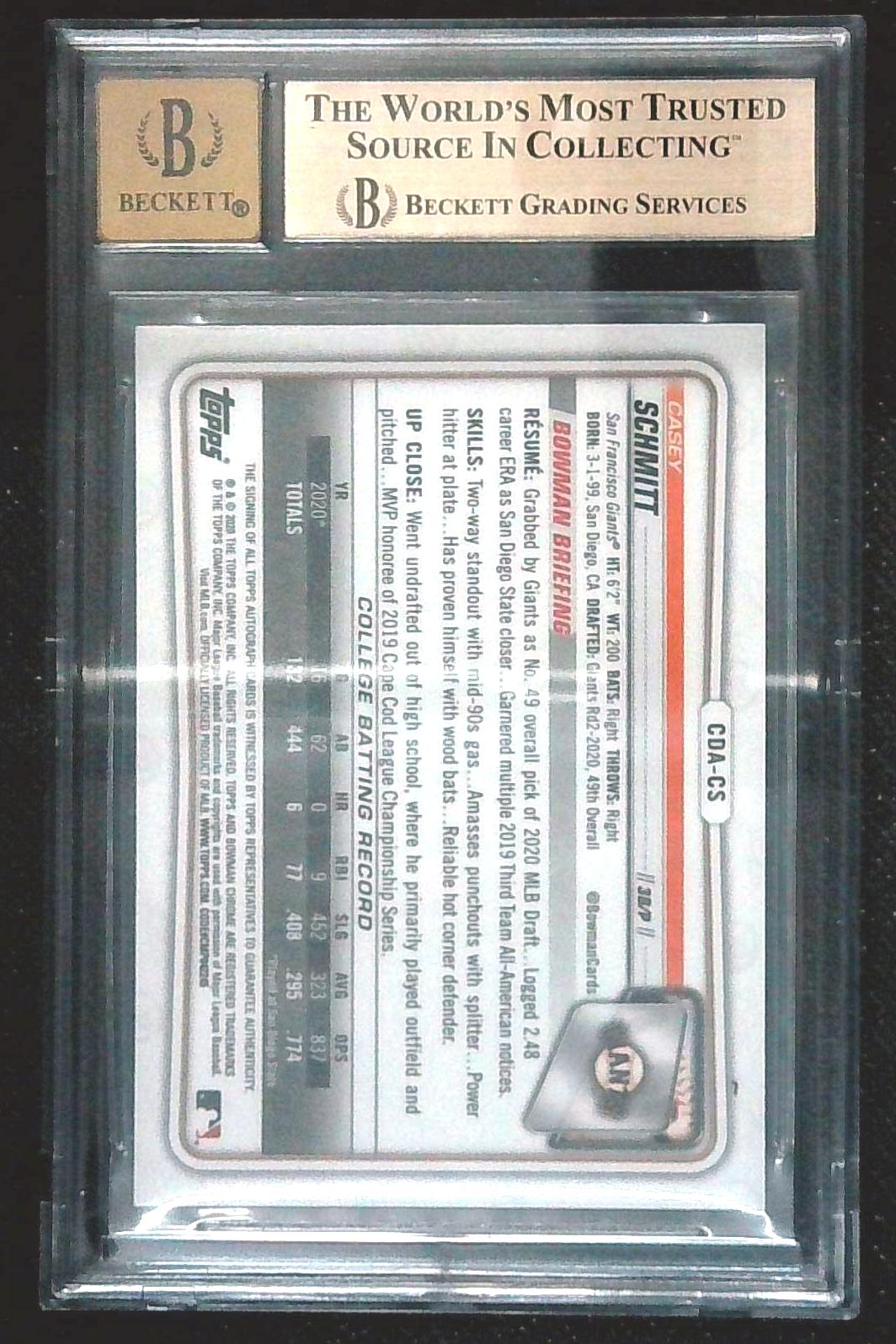 Casey Schmitt 2020 Bowman Draft Chrome 1st Auto Black Refractor /75 BGS 9.5