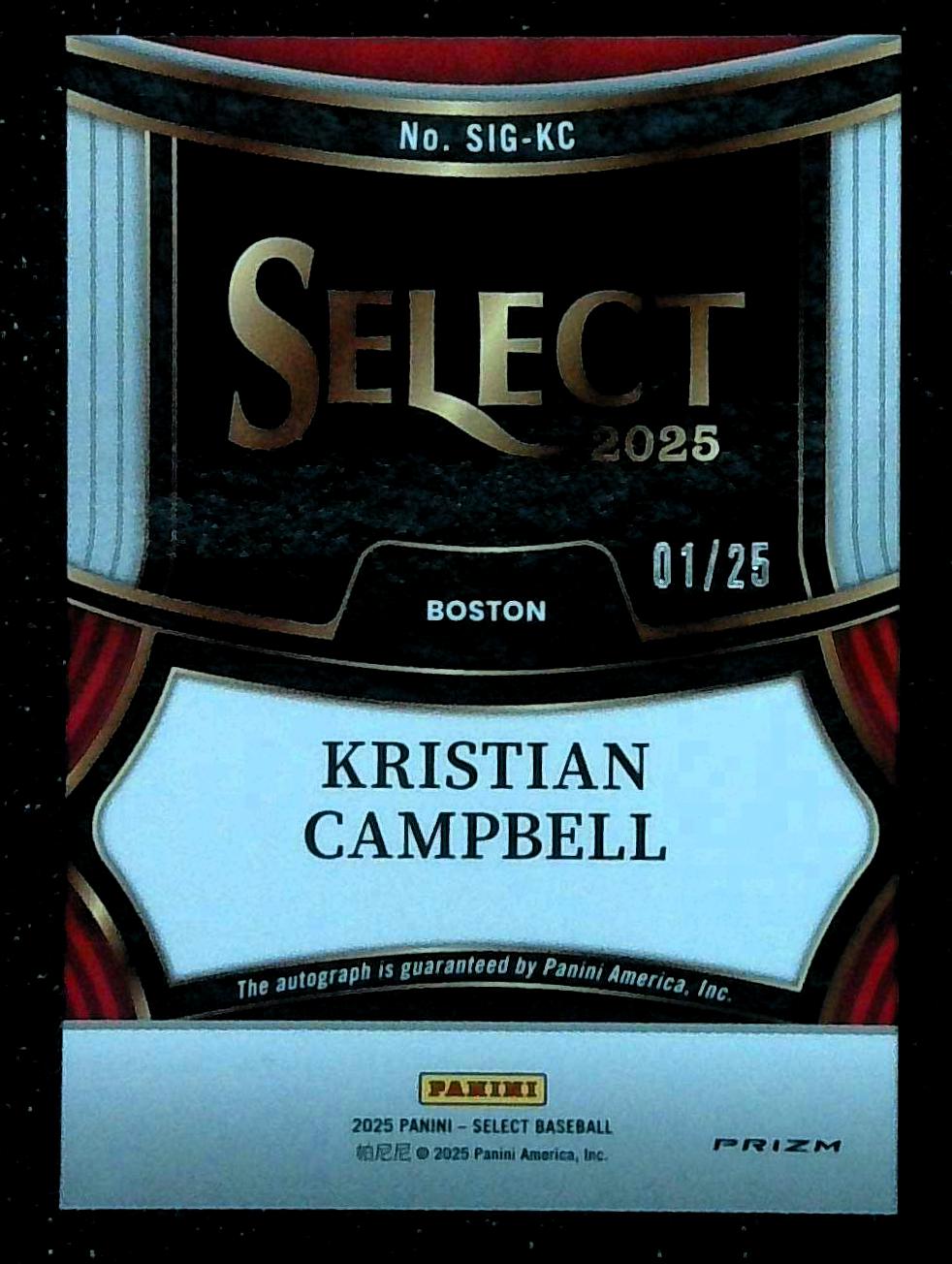 2025 Panini Select baseball Kristian Campbell Tie Dye RC Auto #'d 01/25