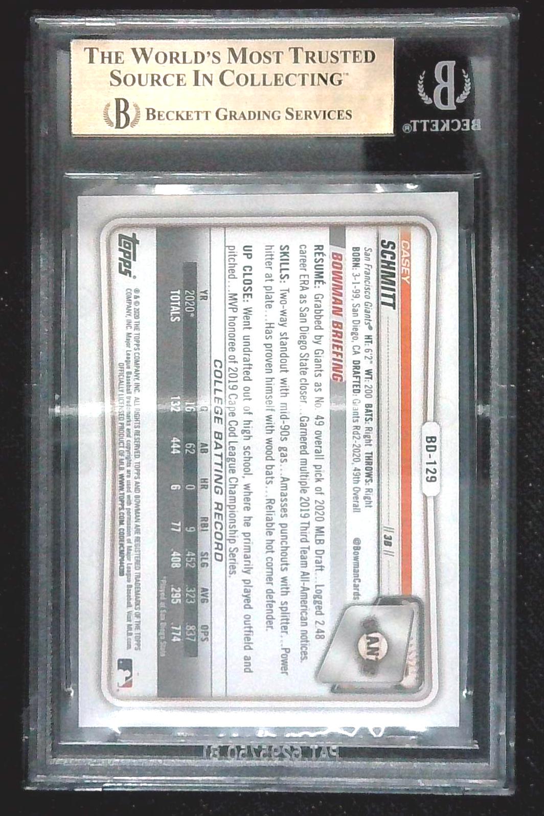 2020 Bowman 1st Edition Casey Schmitt RC Yellow Foil /75 Giants BGS 9.5