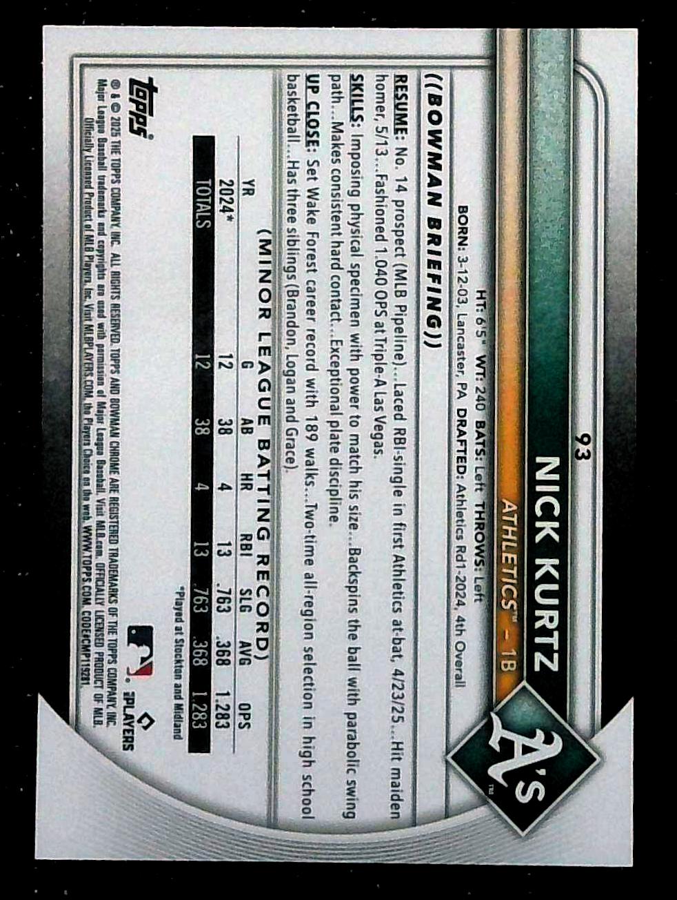 2025 Topps Bowman Chrome Refractor #93 Nick Kurtz Red RC Rookie Athletics