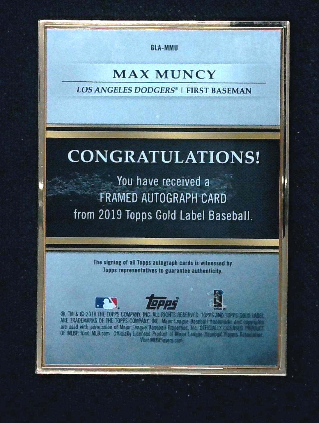2019 Topps Gold Label Framed Autograph Max Muncy #GLA-MMU Dodgers Auto