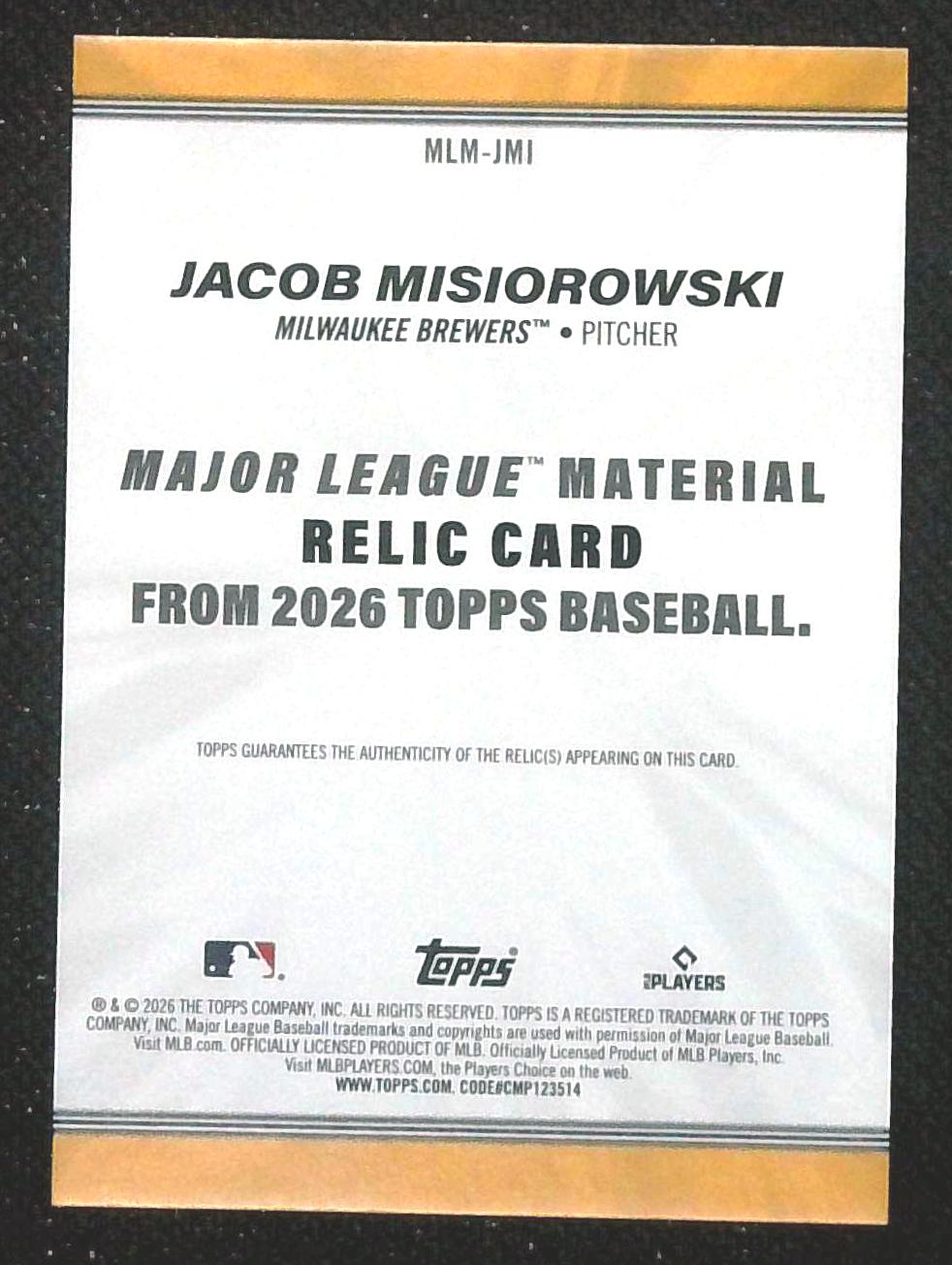 2026 Topps Series 1 Jacob Misiorowski RC Relic Major League Material #MLM-JMI