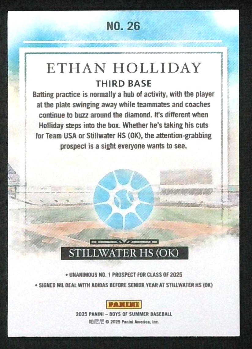 2025 Boys Of Summer #26 Purple Ethan Holliday Rockies Number 1 Prospect RC /49