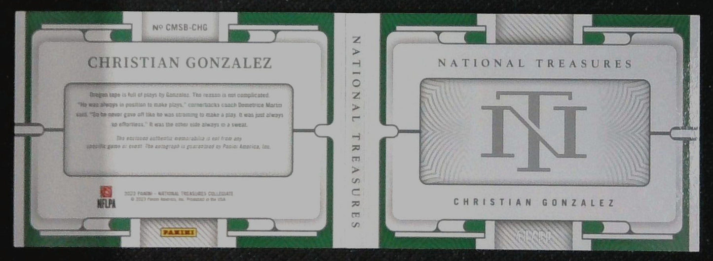 2023 Panini National Treasures Collegiate Christian Gonzalez MEM Auto Booklet /99