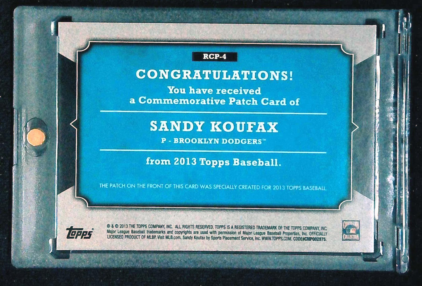 2013 Topps Rookie Patch Card Brooklyn Dodger Legend Sandy Koufax #RCP-4