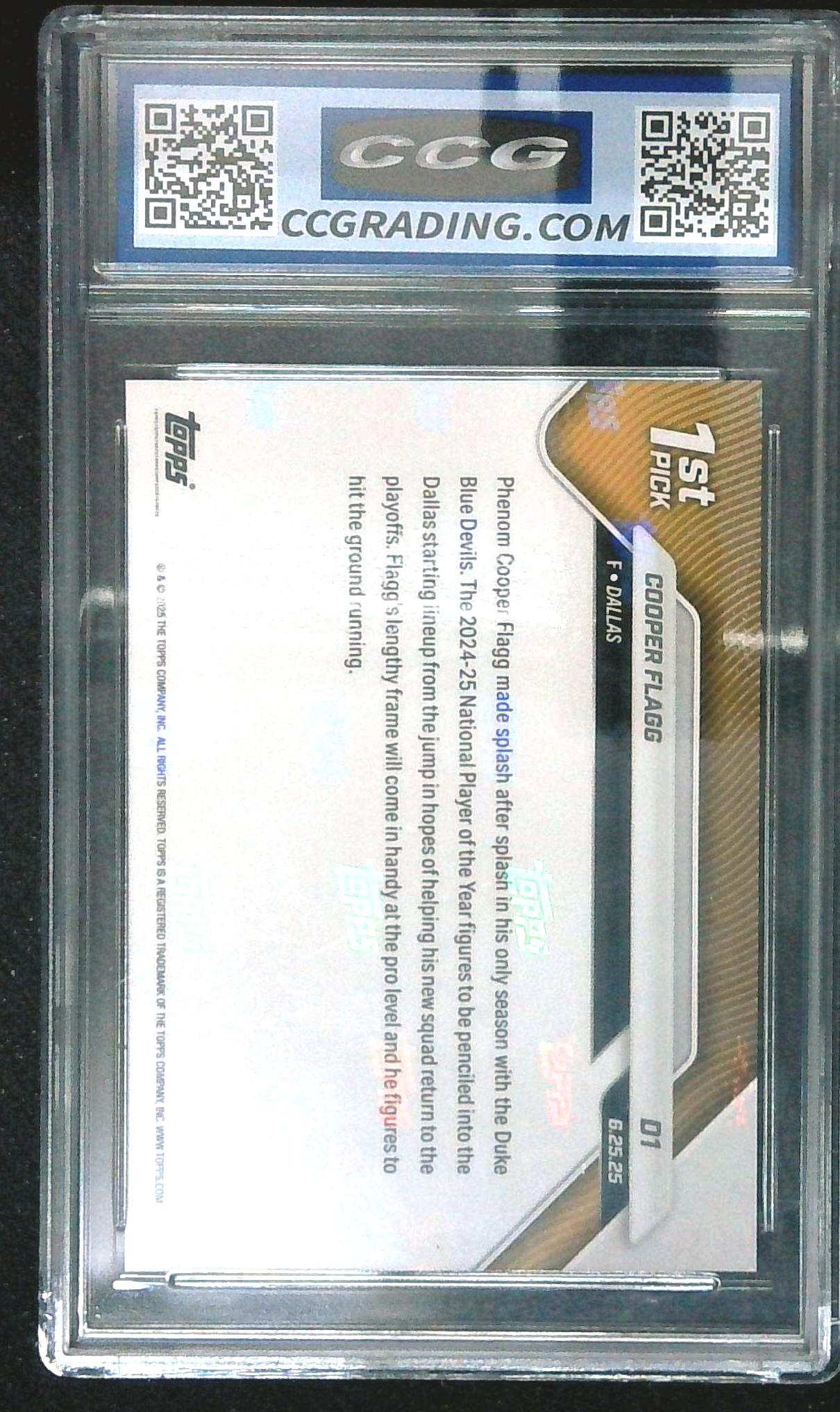 2025 TOPPS NOW #D1 COOPER FLAGG 1ST PICK ROOKIE RC CCG 10
