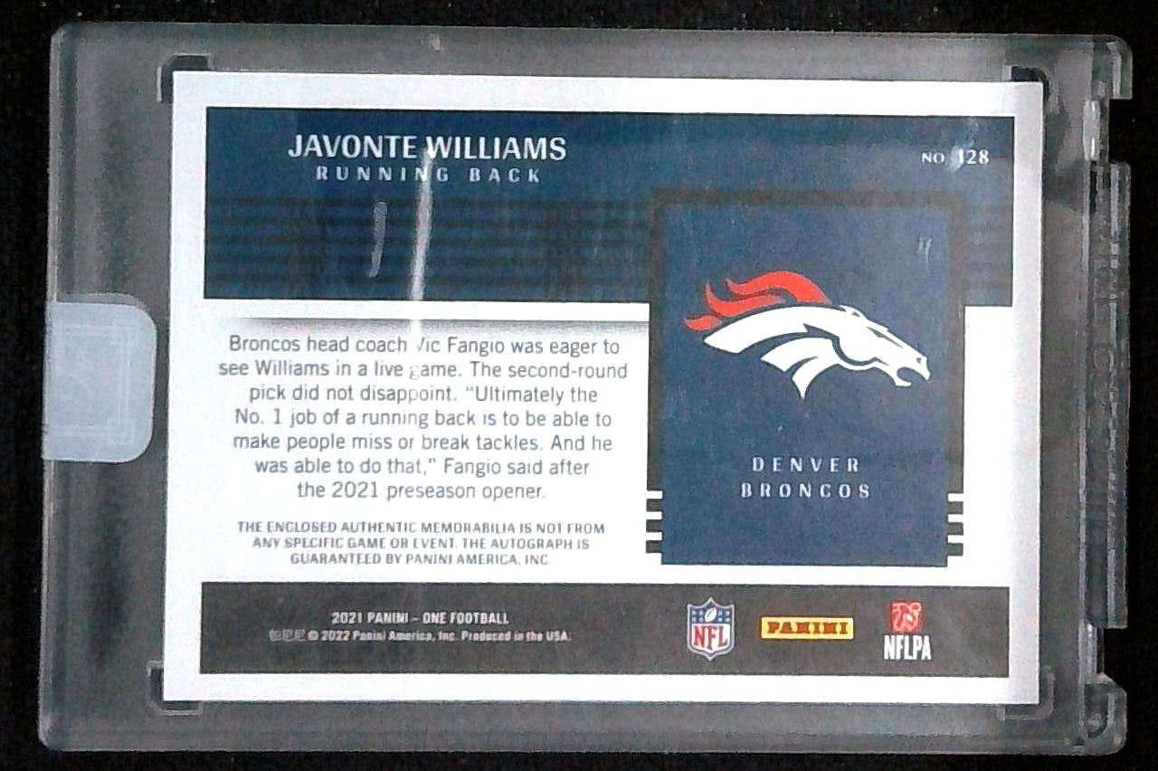 2021 Panini One - Premium Rookie Patch Autographs Javonte Williams #128 Blue /49