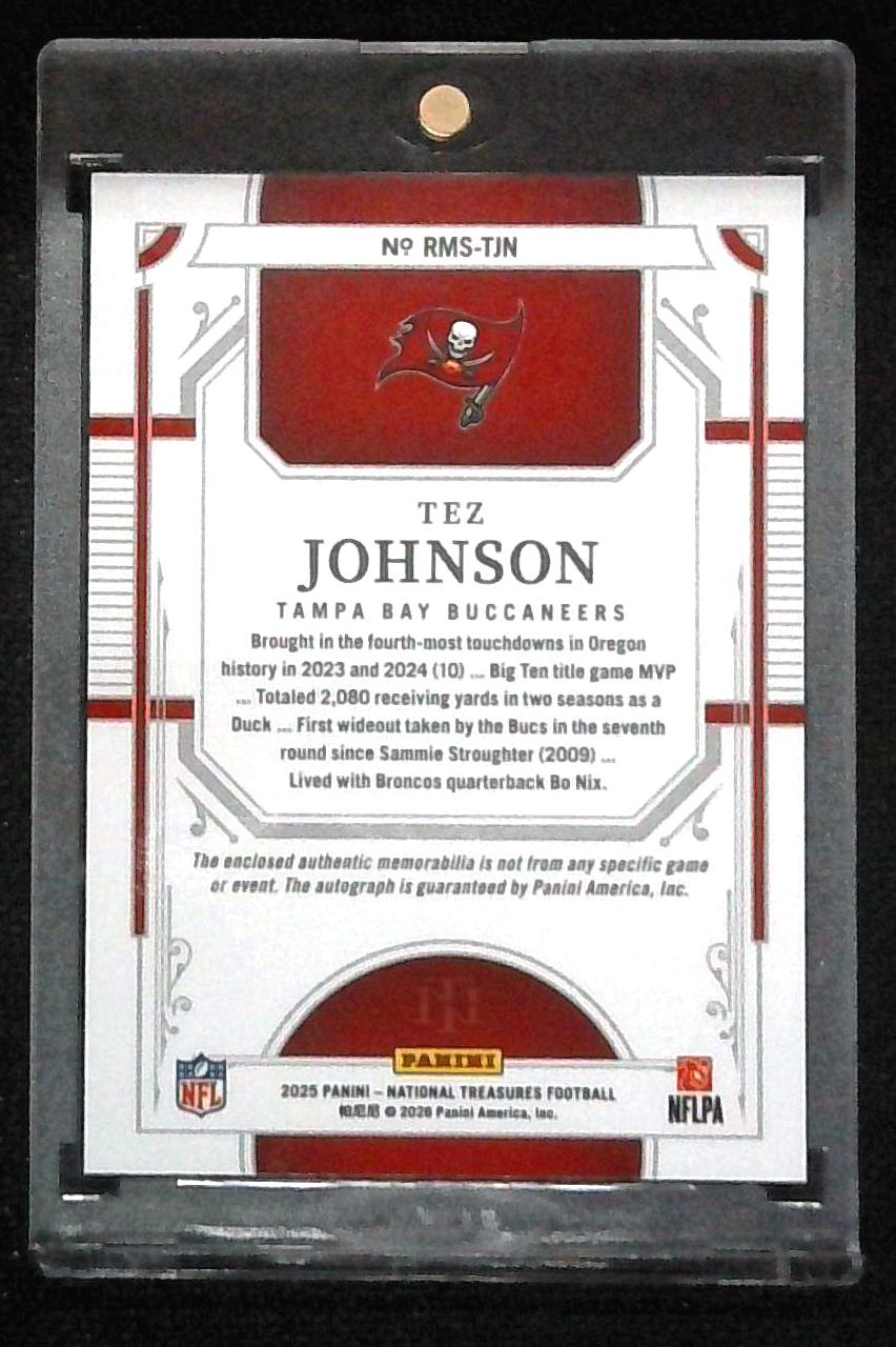 TEZ JOHNSON 2025 NATIONAL TREASURES RPA ROOKIE TRIPLE PATCH RC AUTO /15