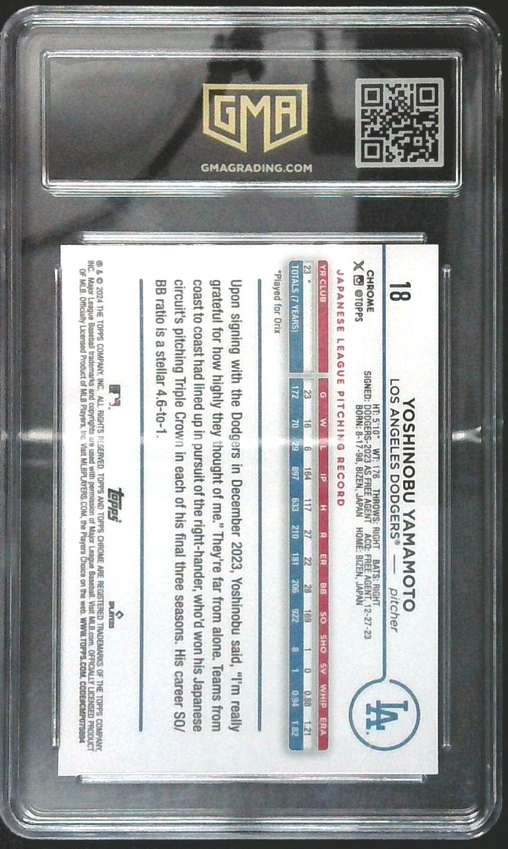 2024 Topps Chrome Yoshinobu Yamamoto Rookie RC GMA 10