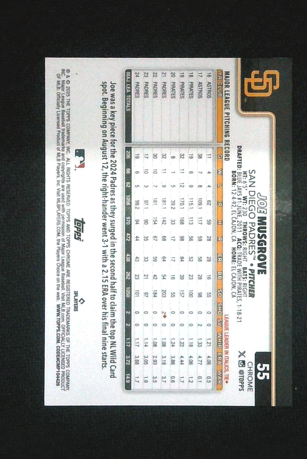 2025 Topps Chrome Logofractor Joe Musgrove Orange Refractor /25