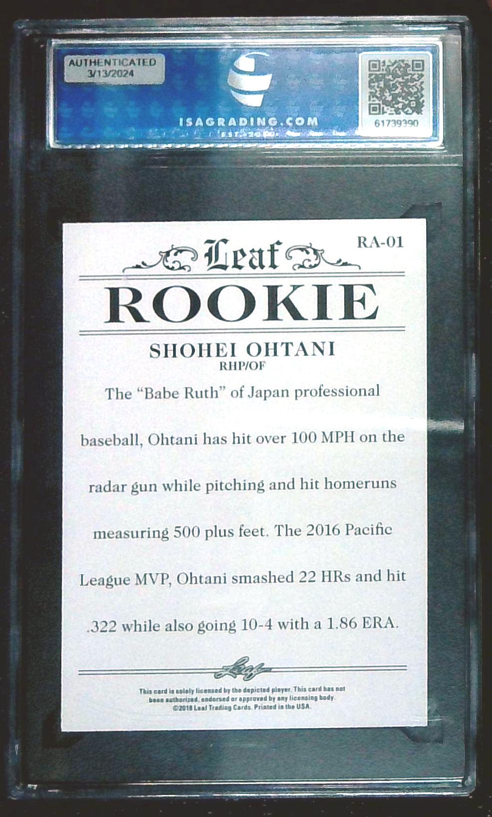 2018 Leaf Rookie Achievement #RA-01 Shohei Ohtani Rookie ISA 10 GEM-MT