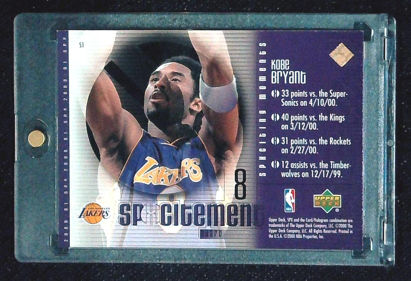 Kobe Bryant 2000-01 Upper Deck SPX Spxcitement #S1 HOLO Insert Lakers