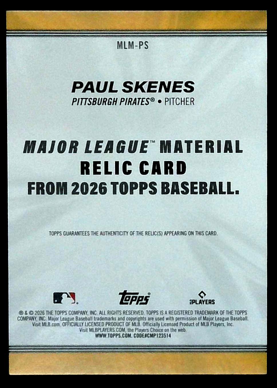 2026 Topps PAUL SKENES MAJOR LEAGUE RELIC CARD JERSEY PIRATES