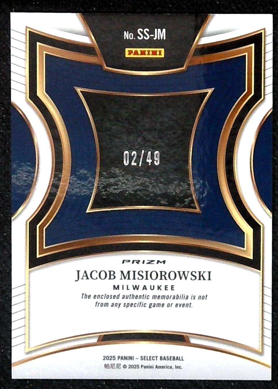 2025 Select Jacob Misiorowski RC 02/49 Brewers Dual Color Patch Rookie