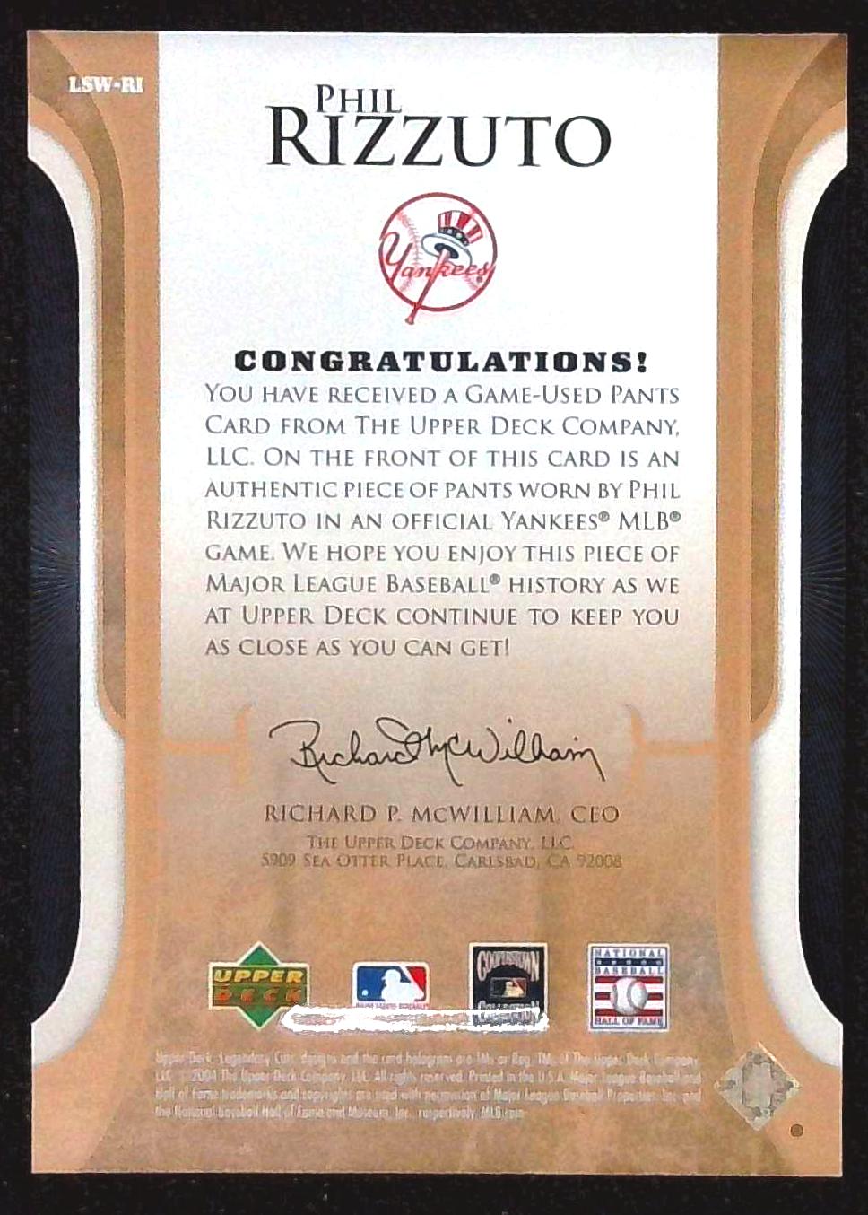 2004 SP Legendary Cuts Legendary Swatches Phil Rizzuto #LSW-RI HOF