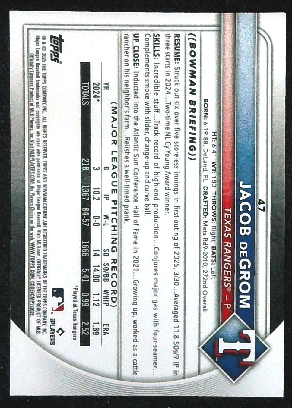 2025 Bowman Chrome - Jacob deGrom - Geometric Black Refractor 10/10