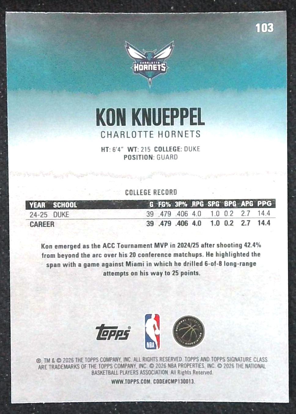 Kon Knueppel Topps Signature Series 2025-26 Pandora Refractor Rookie Card