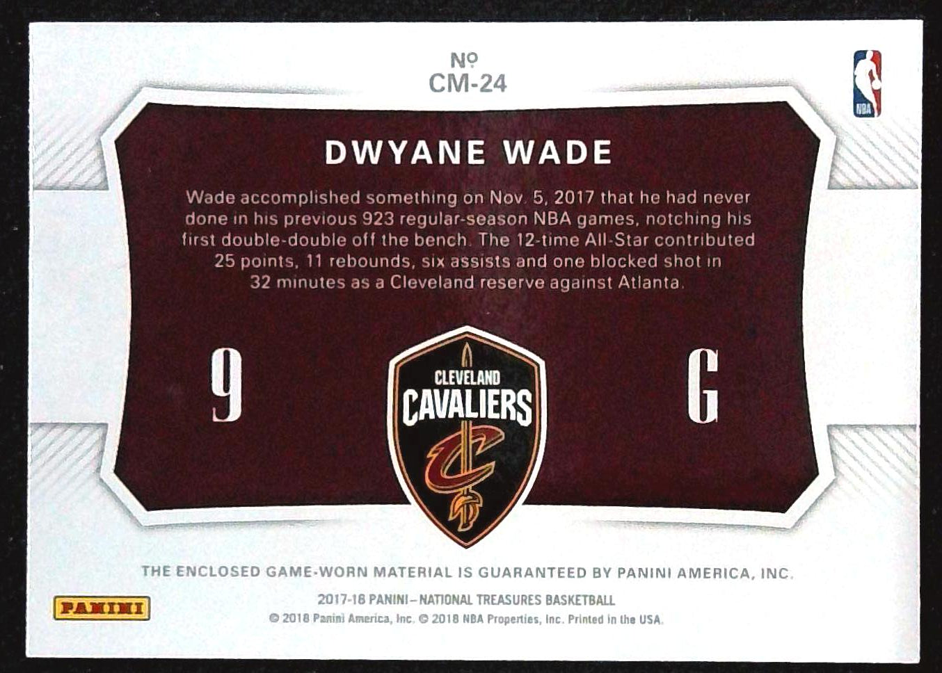 2017-18 Panini National Treasures Colossal Materials Dwayne Wade Jersey Relic /49