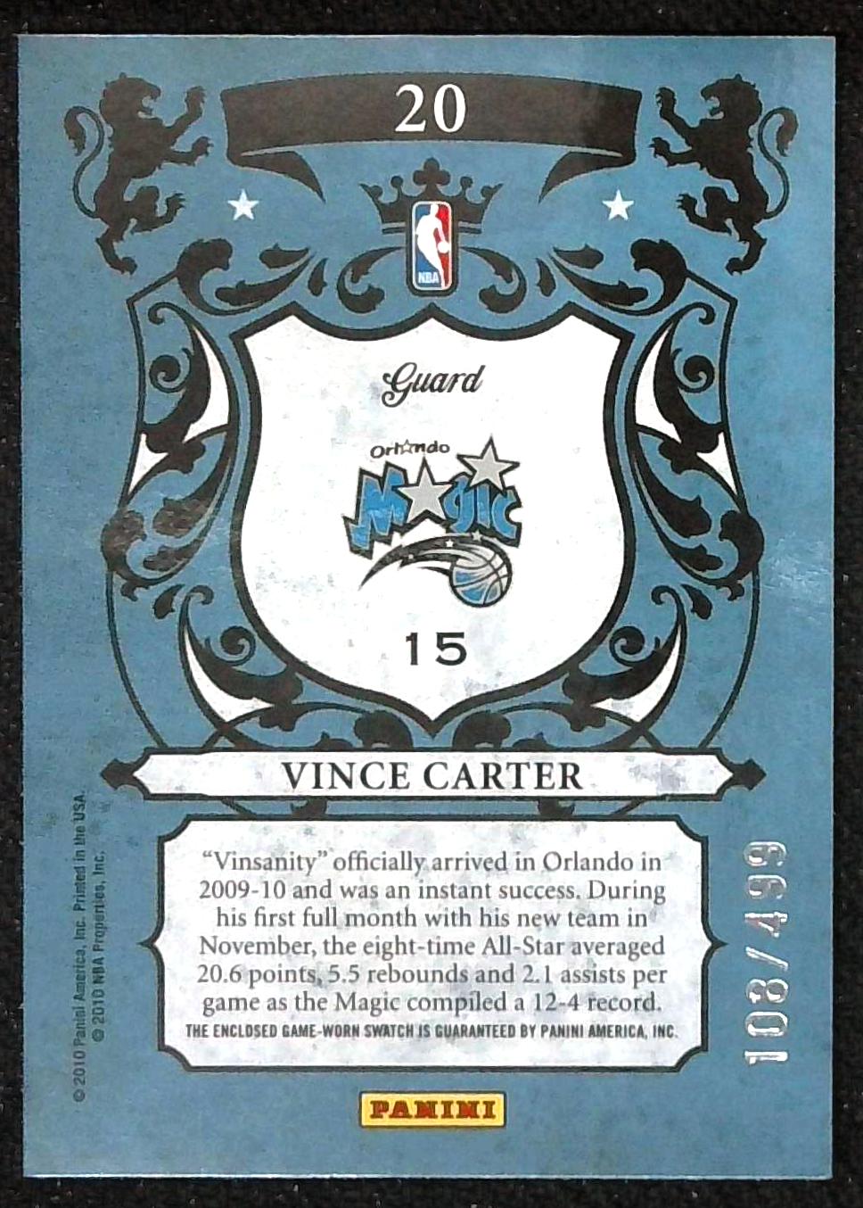 2009-10 CROWN ROYAL VINCE CARTER “ROYALTY” JERSEY HOF #'d /499!