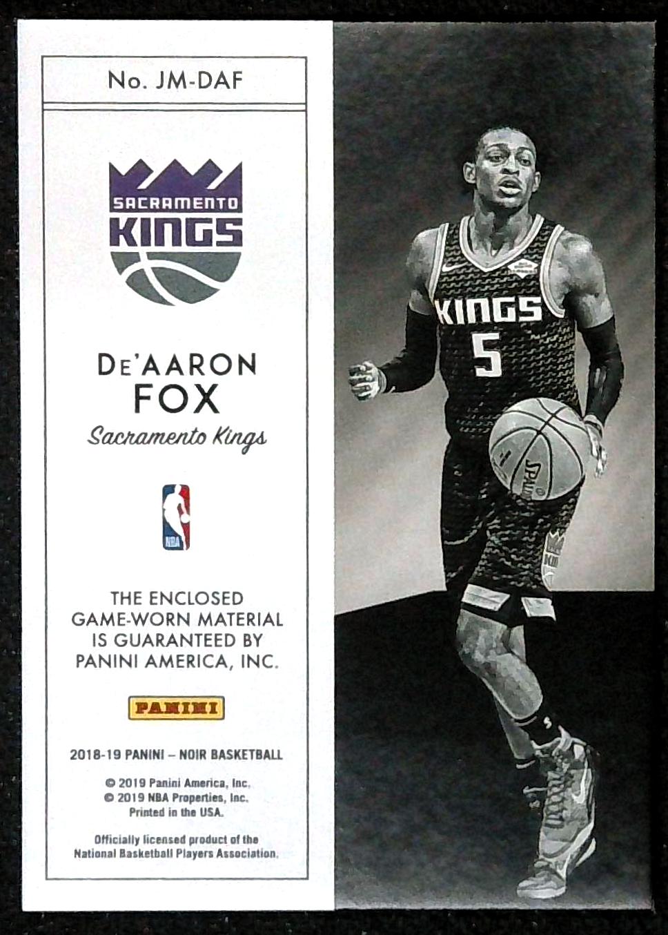 2018-19 Panini Noir Basketball De'Aaron Fox # JM-DAF /49 Jumbo Materials