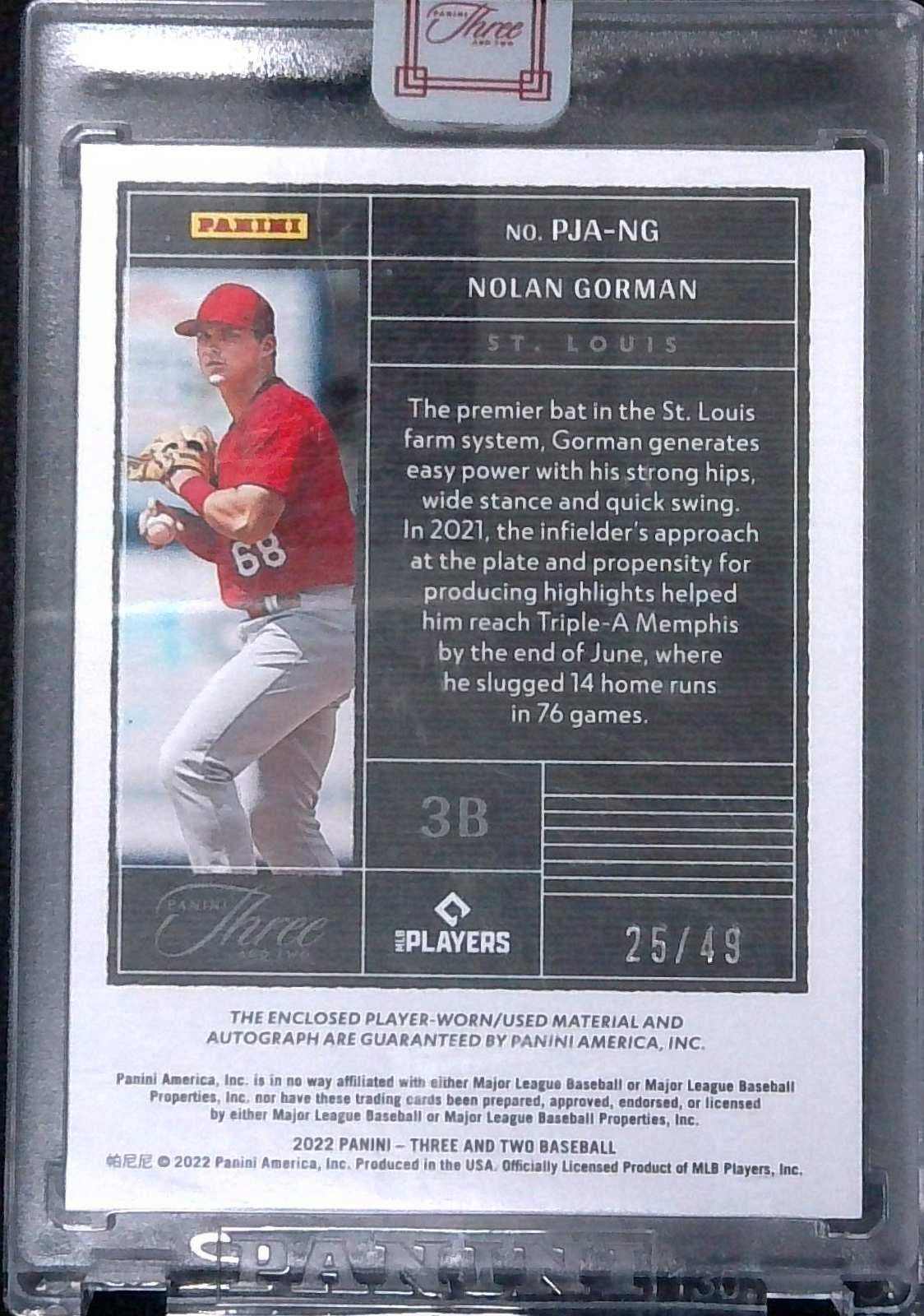 2022 Panini Three And Two Nolan Gorman Rookie Patch Auto RPA /49