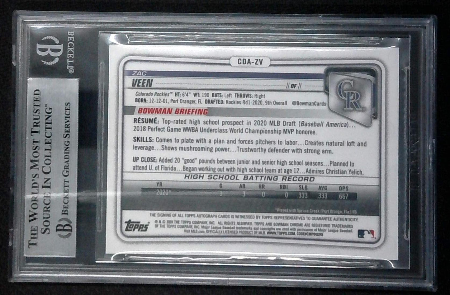 2020 Bowman Chrome ZAC VEEN 1st BOWMAN AUTO /99 BGS 9 Green Refractor Rockies