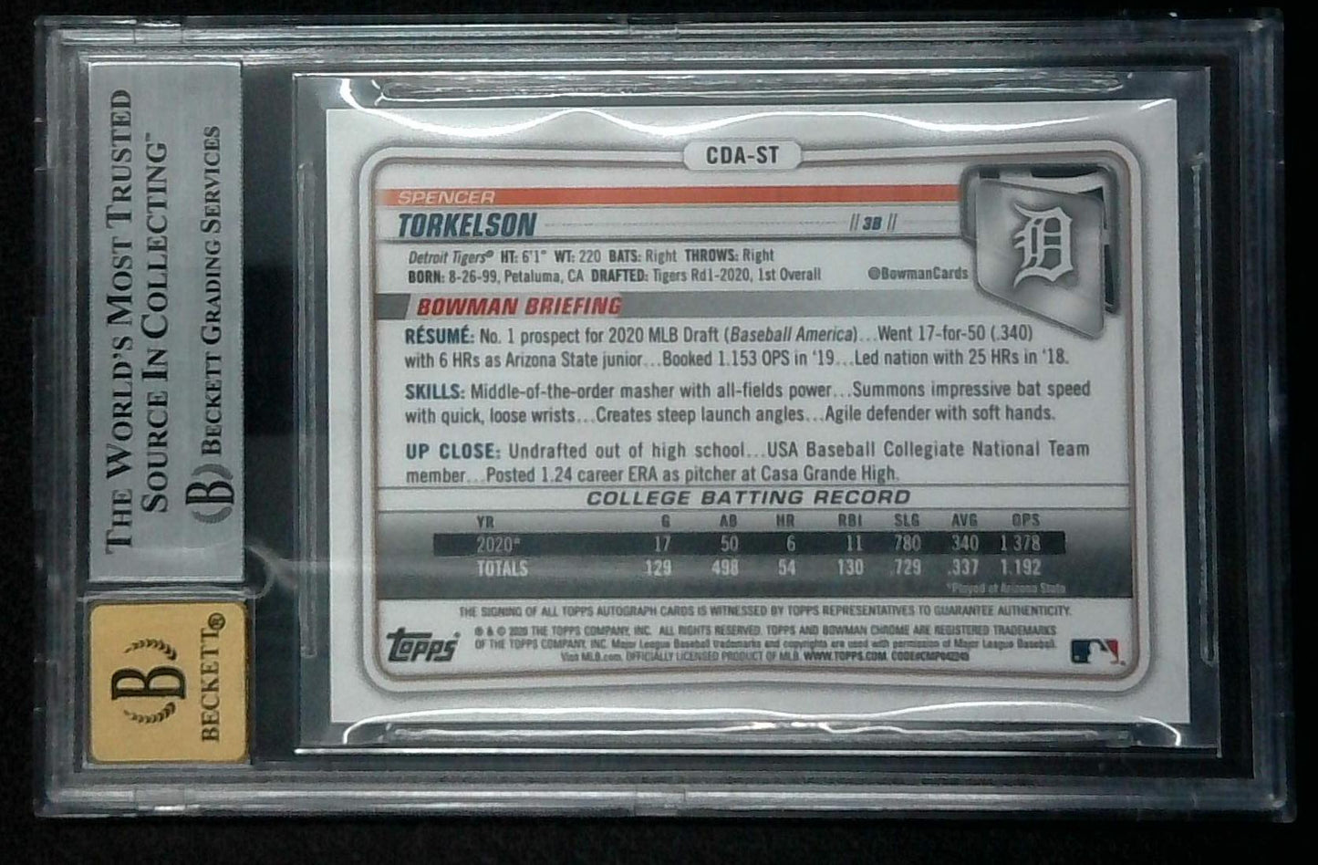 2020 Bowman Draft Spencer Torkelson True Blue Chrome Auto /150 BGS 9 Tigers