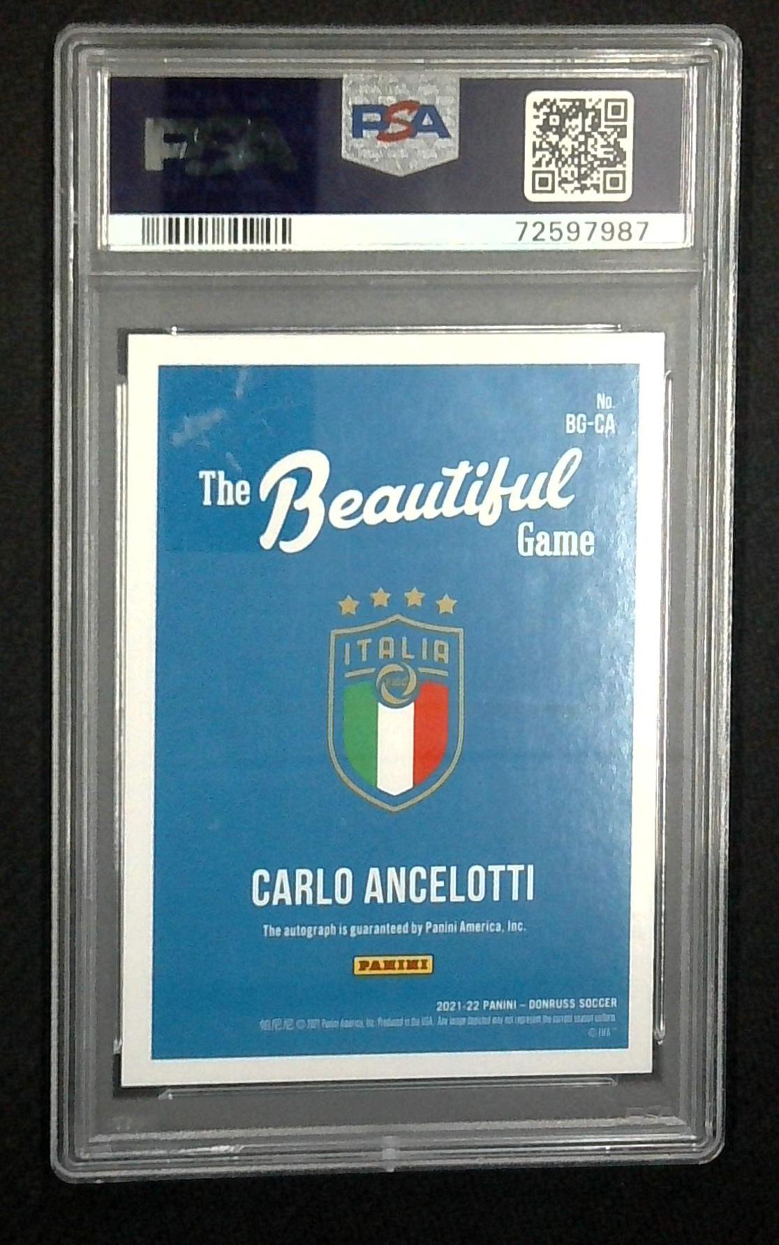 2021-22 Donruss Carlo Ancelotti Italy Beautiful Game Green Auto PSA 10