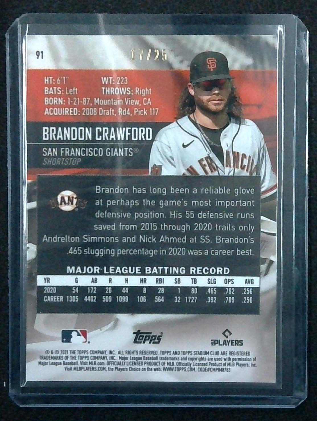 2021 Topps Stadium Club CHROME BRANDON CRAWFORD ORANGE REFRACTOR 17/25 GIANTS