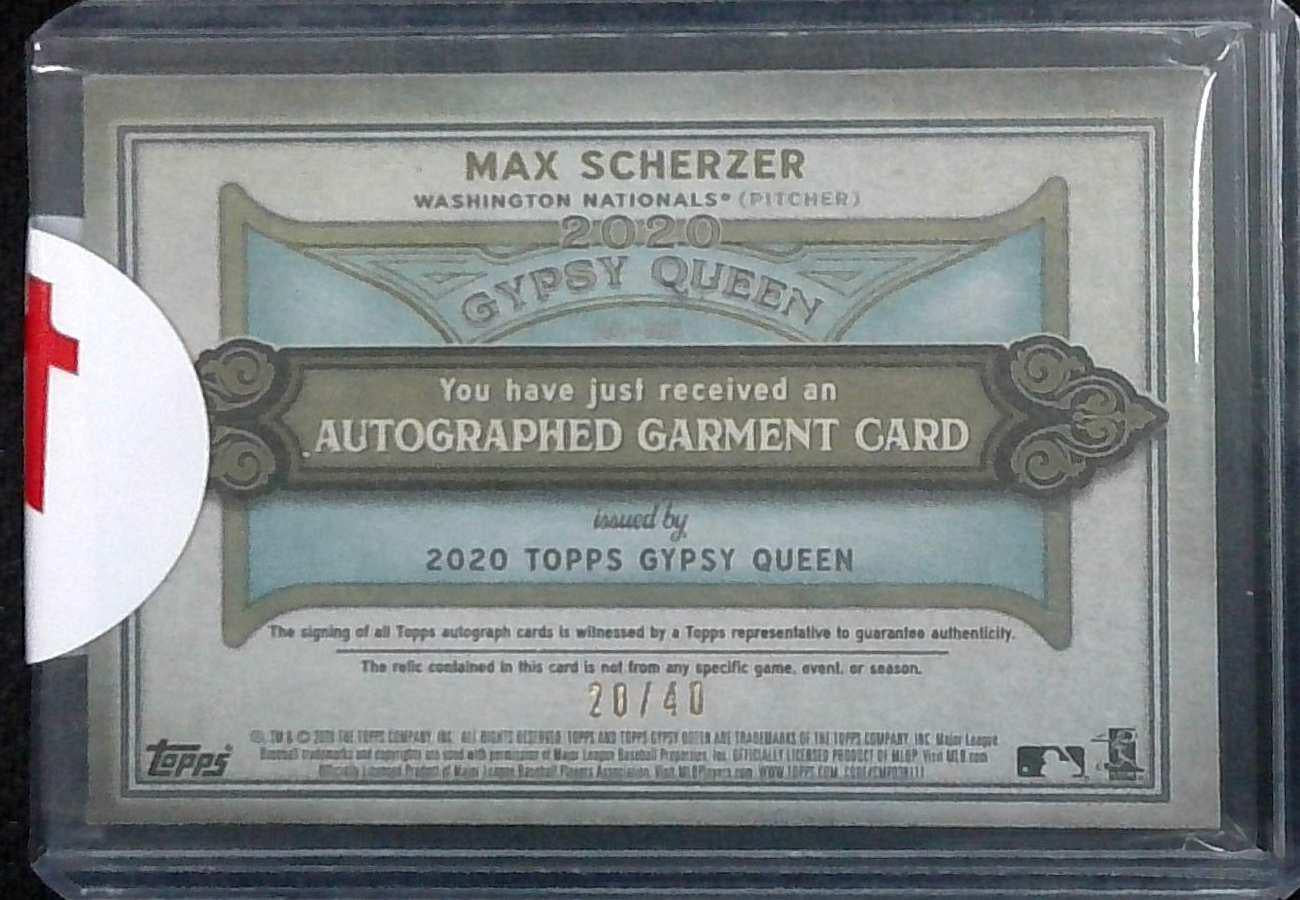 2020 Gypsy Queen Max Scherzer Game Used Relic Auto /40