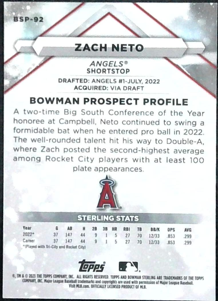 2023 Bowman Sterling Prospect Zach Neto GOLD /50