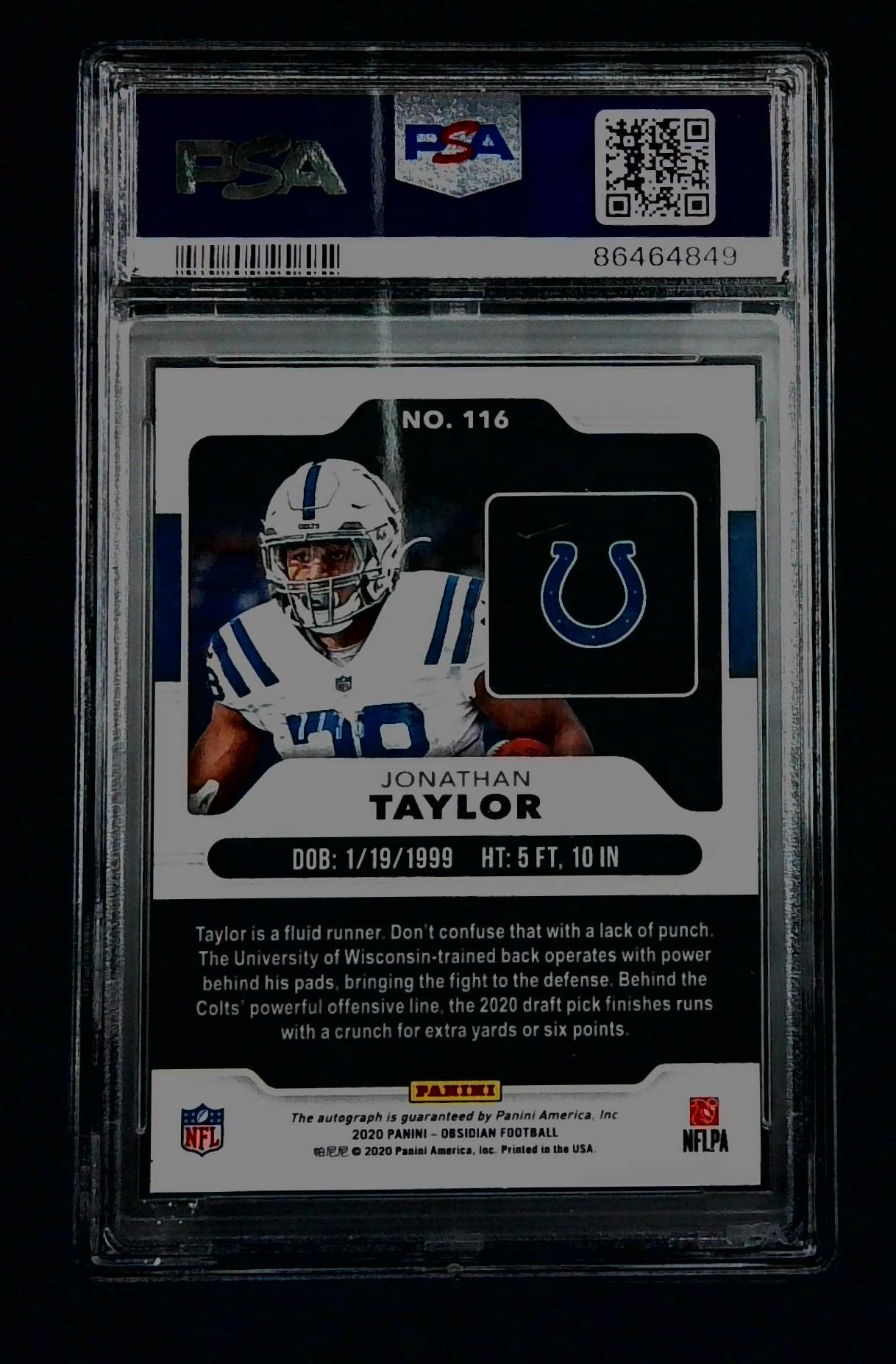 2020 Panini Obsidian E/E Orange Jonathan Taylor #116 RC Auto /75 PSA 10