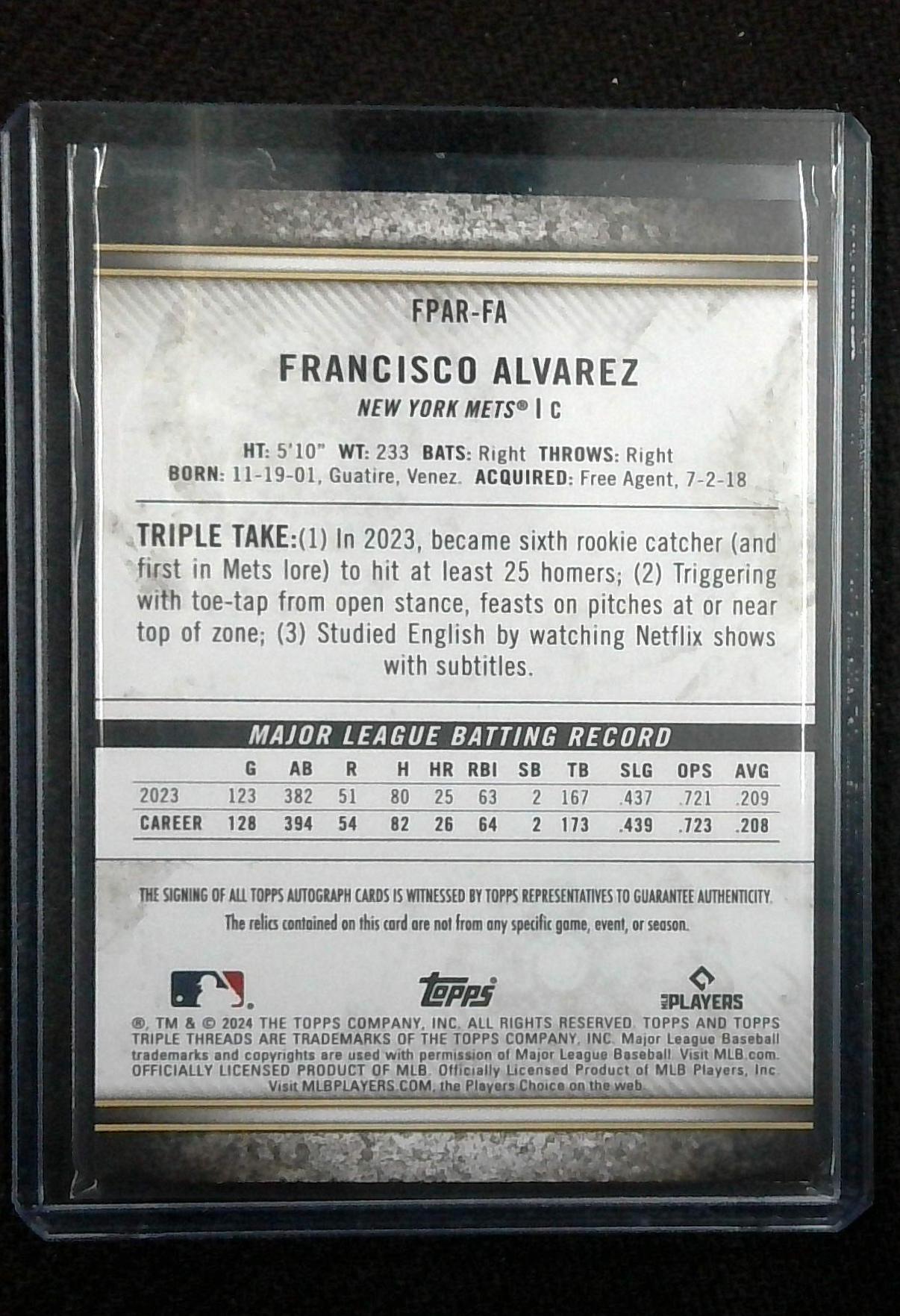 Francisco Alvarez 2024 Triple Threads Future Phenoms Auto Green #/50 FPAR-FA
