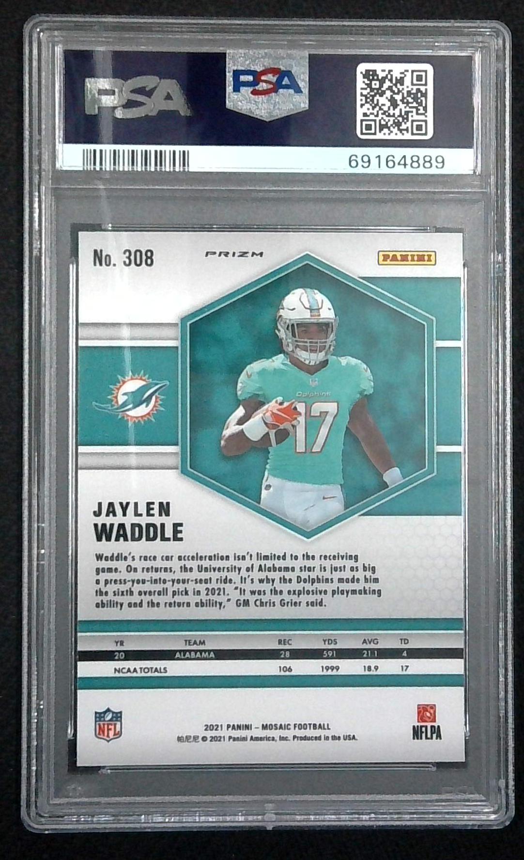 Jaylen Waddle 2021 Panini Mosaic Blue Reactive Prizm Color Match PSA 9