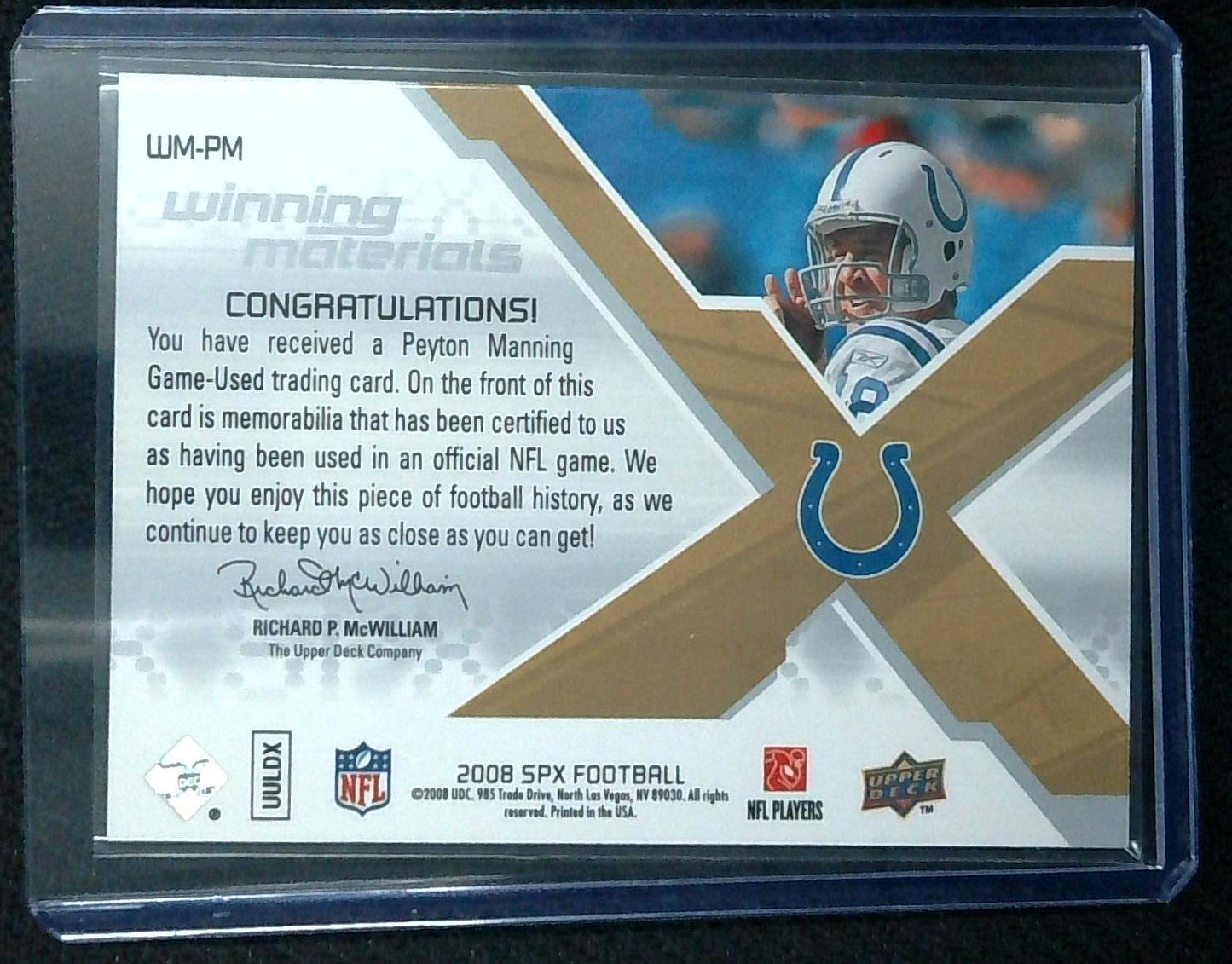 2008 UD SPX Peyton Manning Winning Materials Gold Card WM-PM 33/50