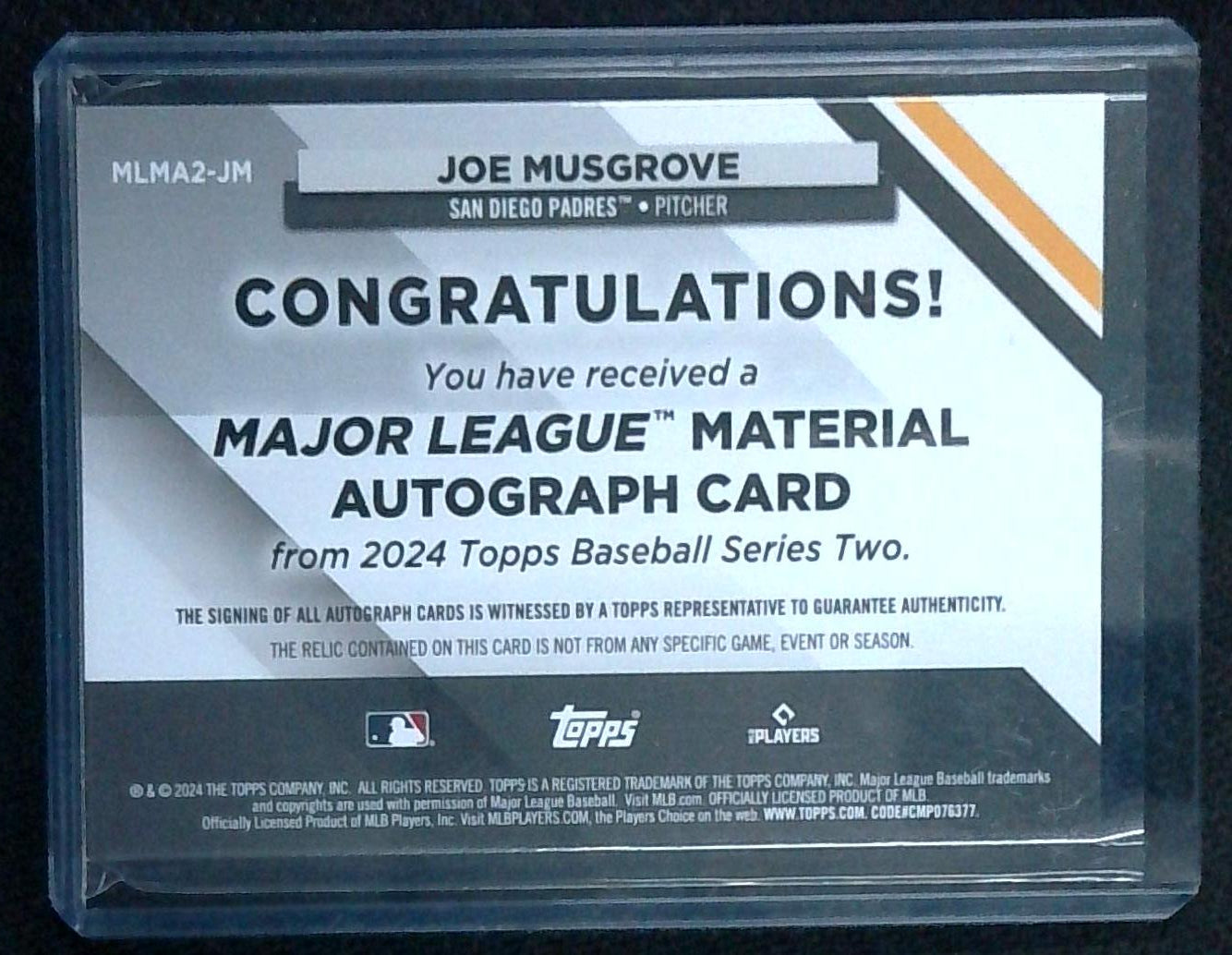 2024 Topps Series 2 Major League Material Auto 18/25 Joe Musgrove #MLMA2-JM