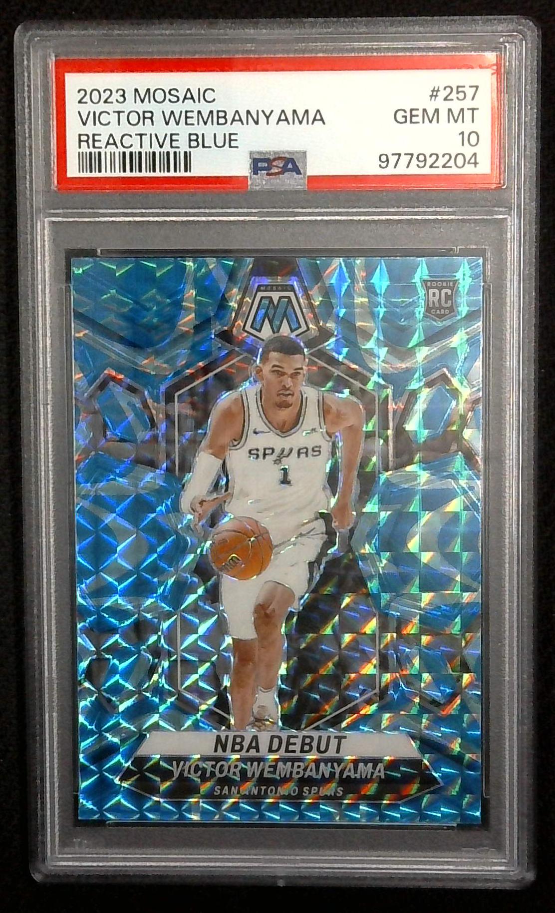 Victor Wembanyama 2023 Panini Mosaic Reactive Blue Prizm NBA Debut RC PSA 10