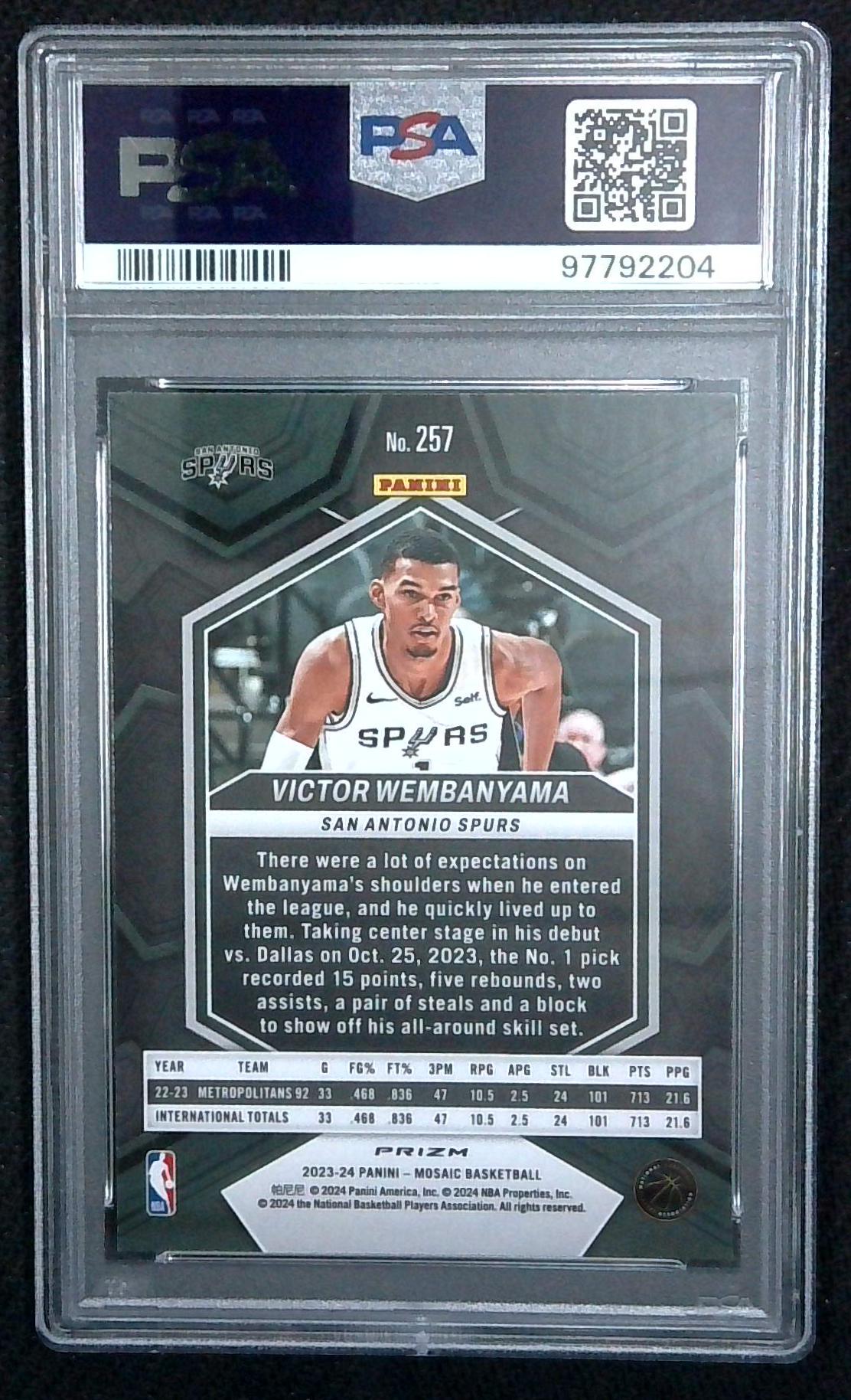 Victor Wembanyama 2023 Panini Mosaic Reactive Blue Prizm NBA Debut RC PSA 10