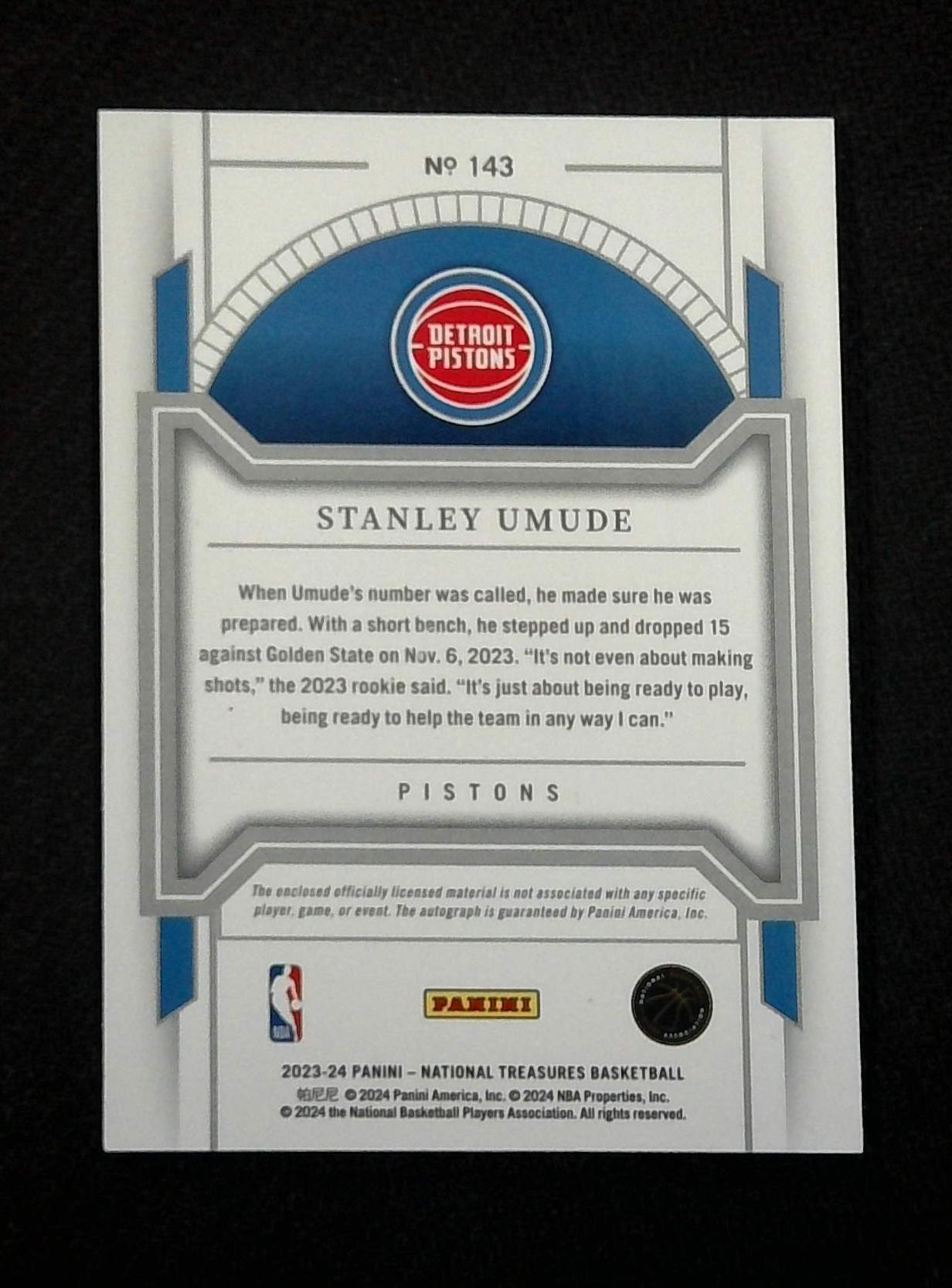 STANLEY UMUDE 2023-24 NATIONAL TREASURES RPA ROOKIE BRONZE RC AUTO /49