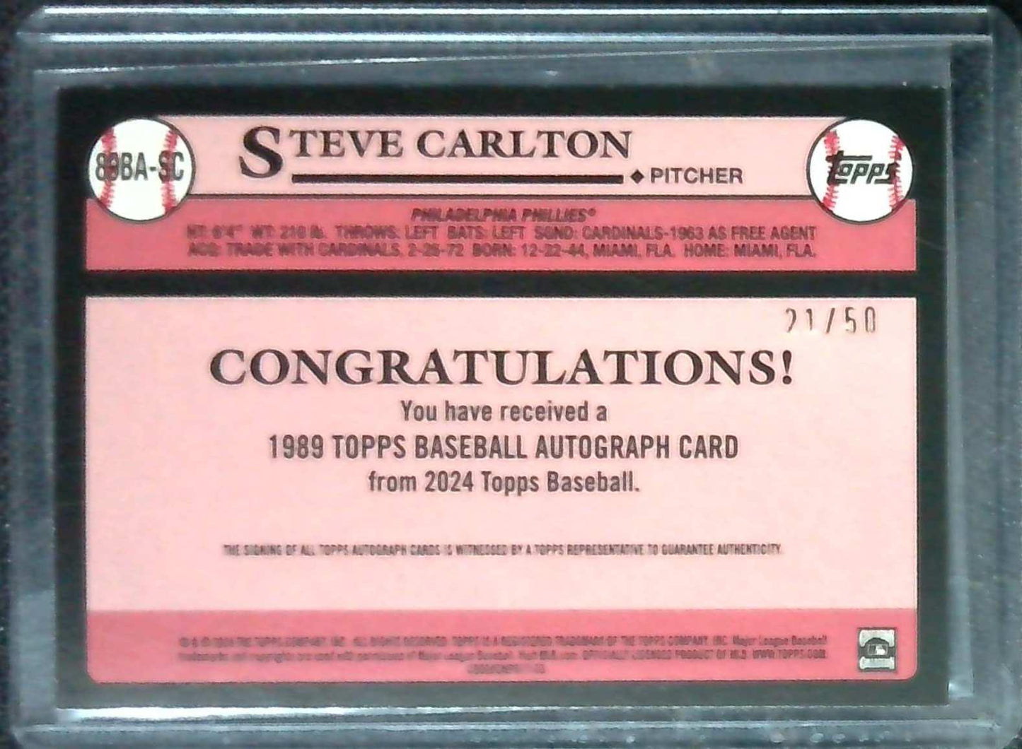 2024 Topps Steve Carlton '89 Topps Auto Gold #'d 21/50 Phillies