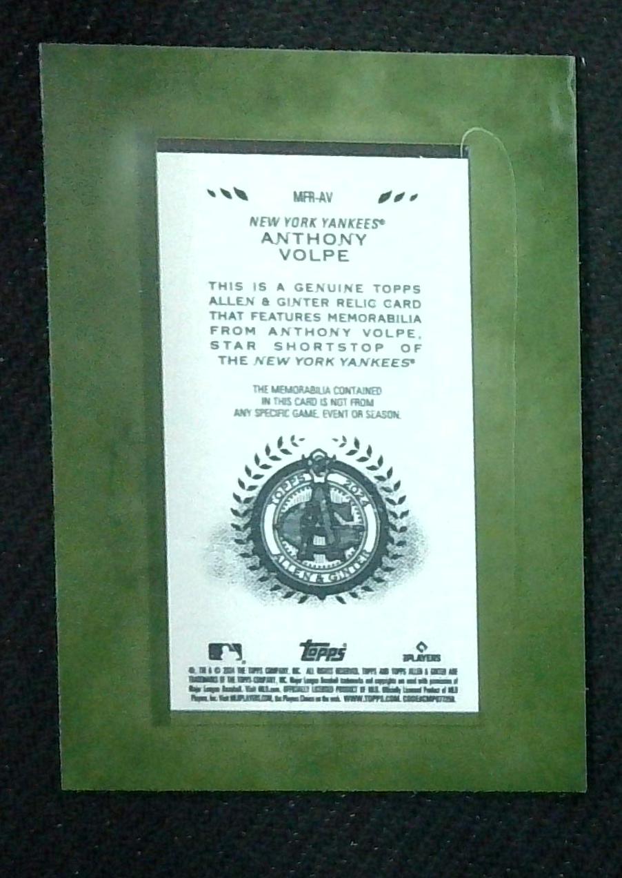 2024 TOPPS ALLEN & GINTER ANTHONY VOLPE MINI FRAMED JERSEY RELIC (YANKEES)
