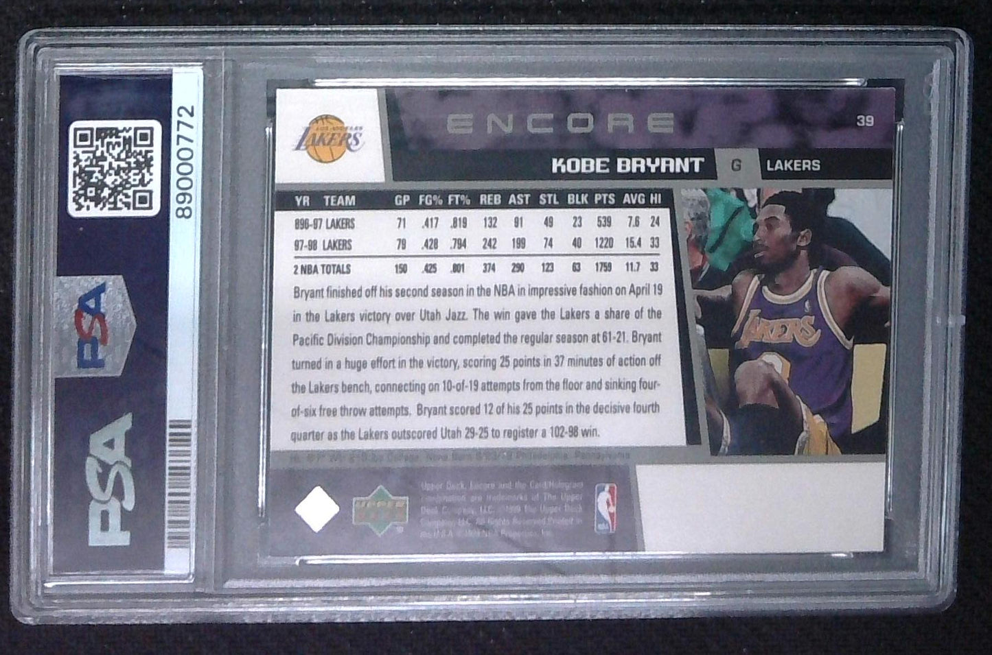 1998 UD Encore Kobe Bryant 3rd Yr Game Dated SP #39 PSA 8 LA Lakers