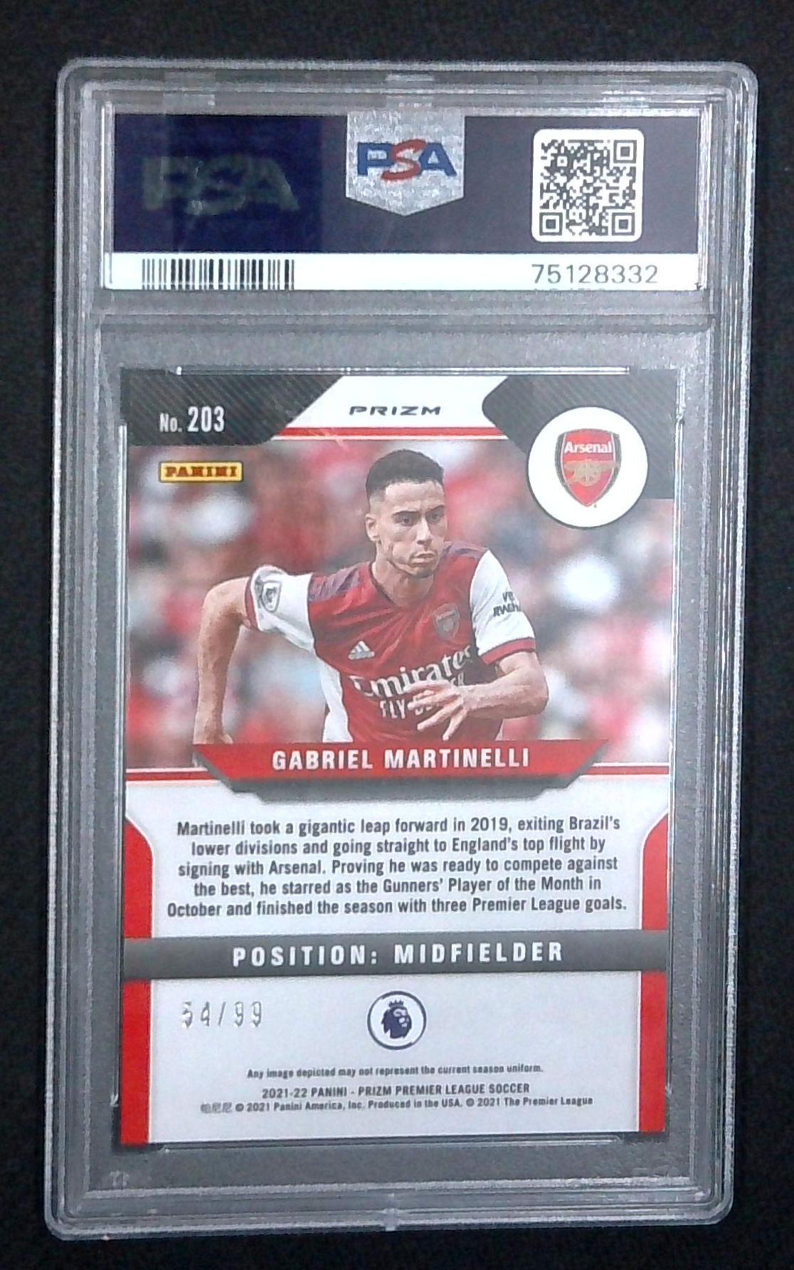 2021-22 Panini Prizm Gabriel Martinelli Purple 54/99 RC PSA 10 Rookie