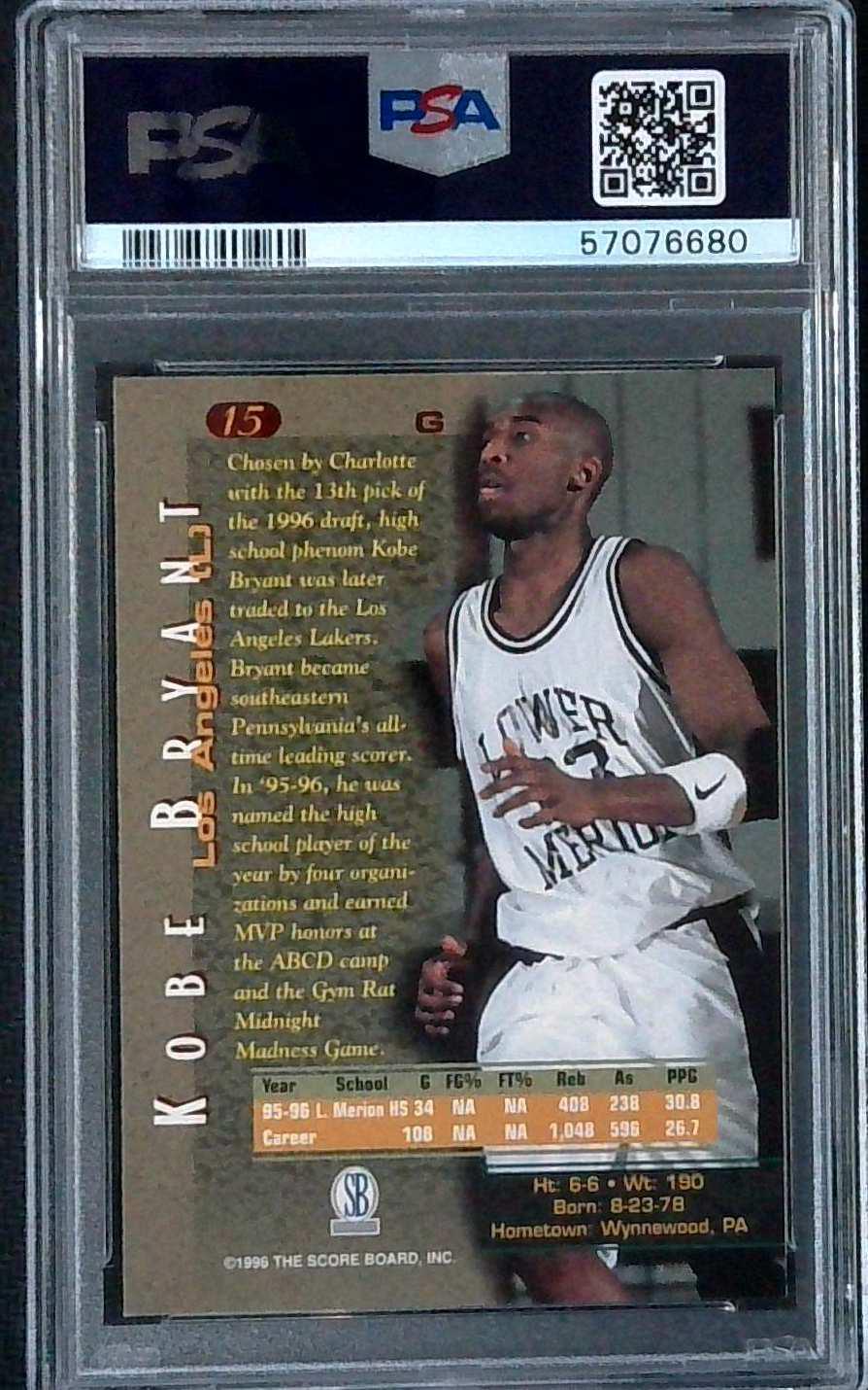 1996-97 Score Board Autographed Basketball Kobe Bryant Rookie RC #15 PSA 9 Lakers