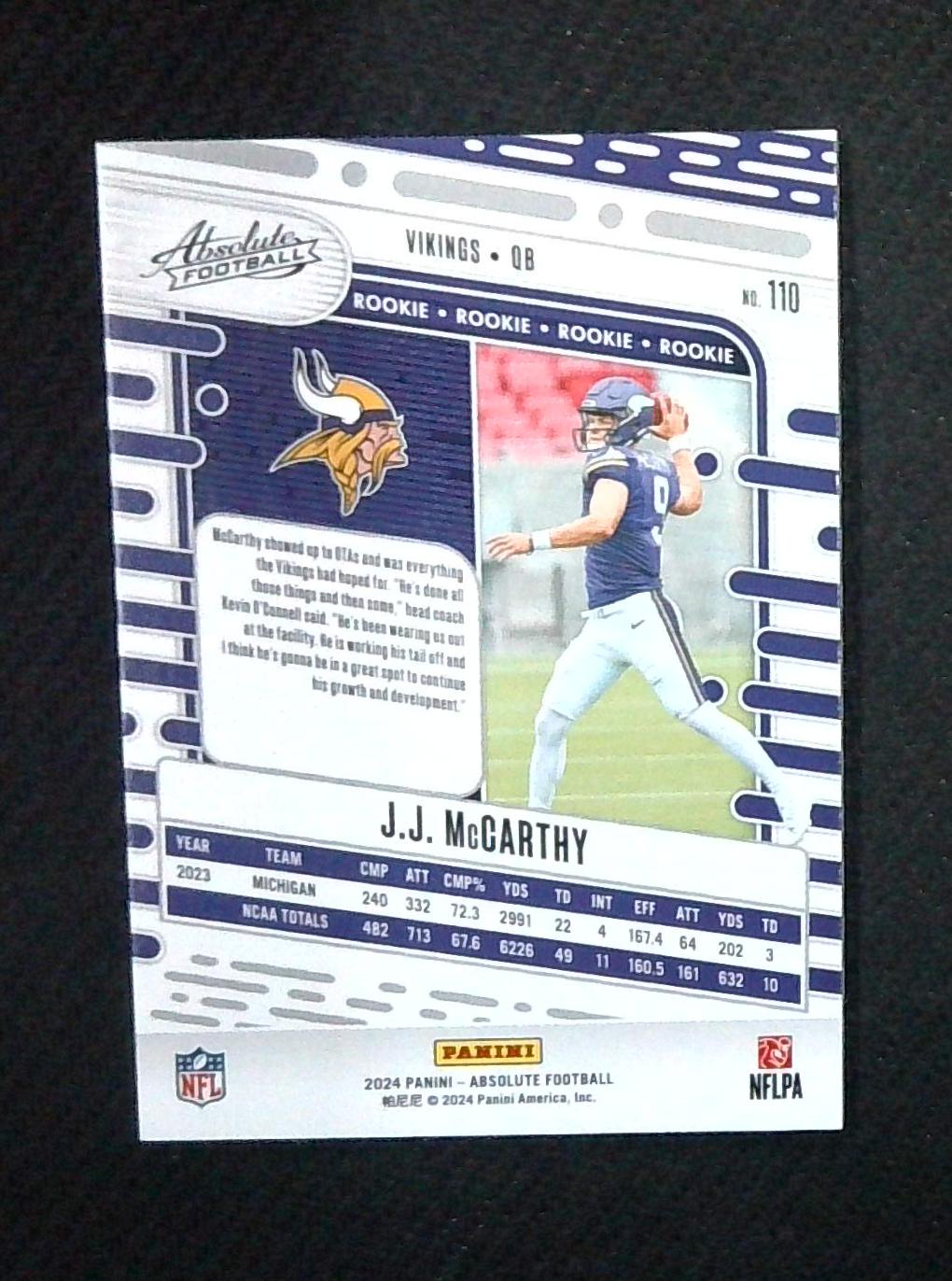 JJ McCarthy 2024 Panini Absolute RC Orange Parallel /75 Vikings